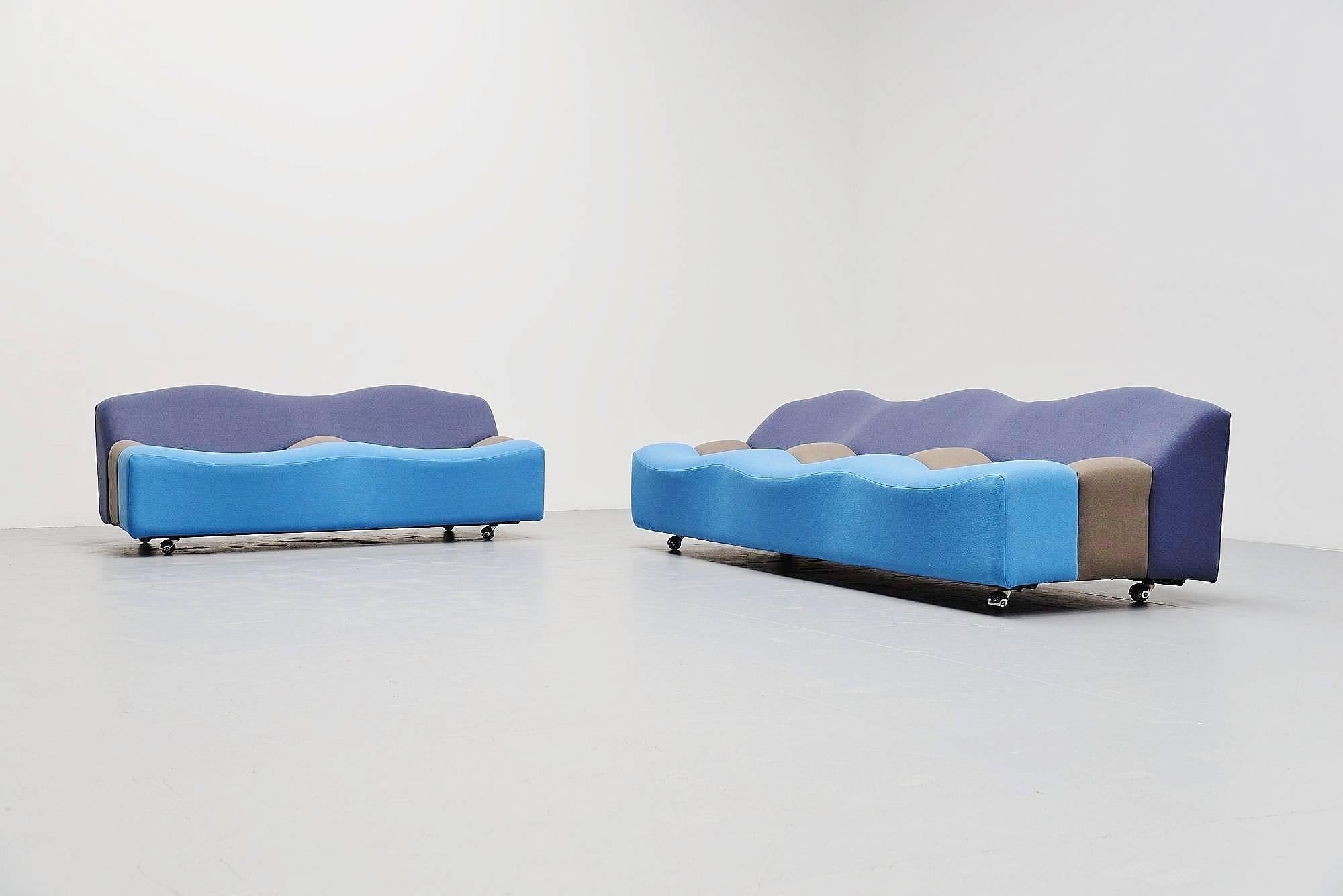 Amazing pair of so called ABCD lounge sofas designed by Pierre Paulin, manufactured by Artifort, Holland, 1968. These sofa's have been fully restored with new foam and upholstery exactly as they originally were. We used three tone colors, in the
