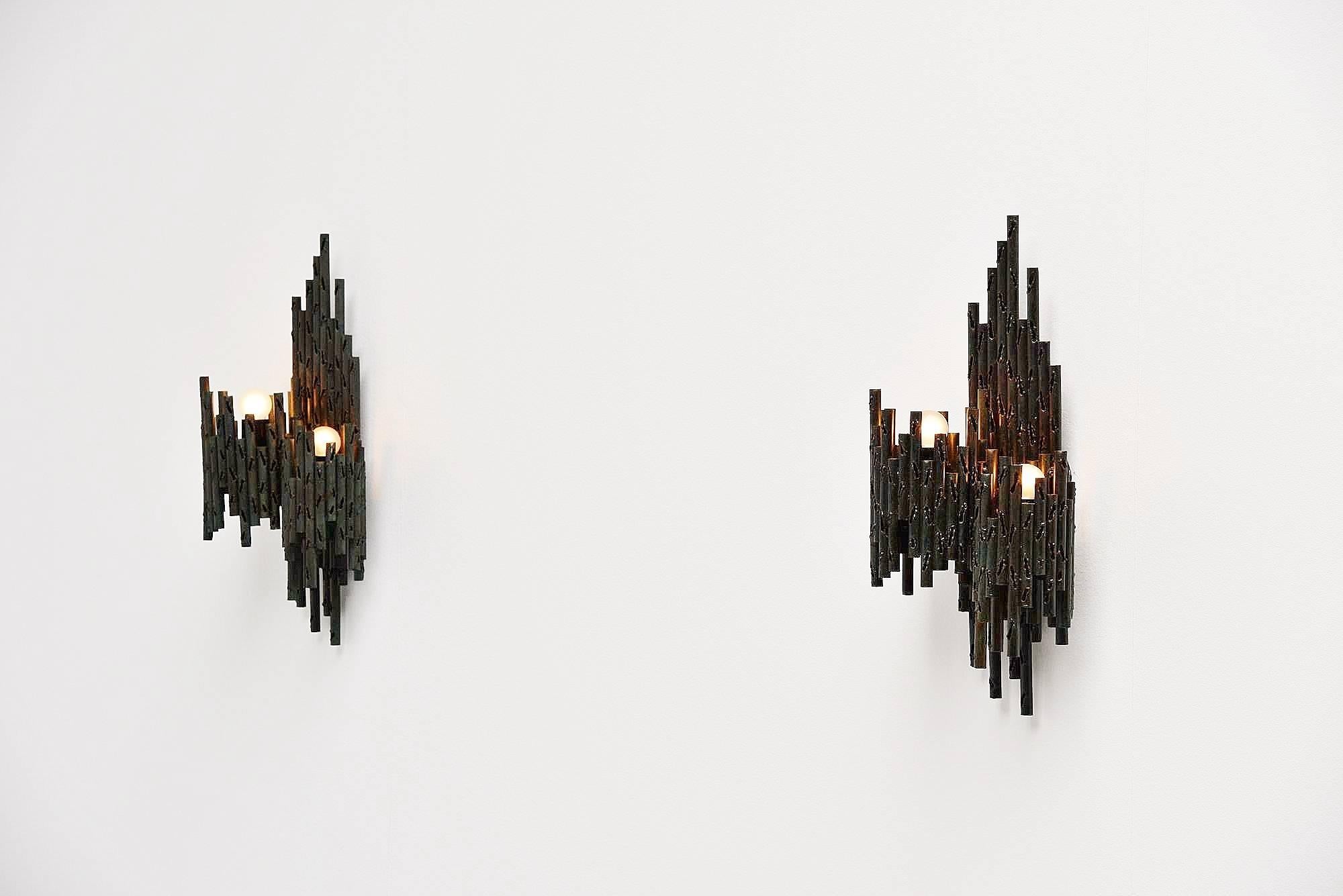 Patinated Marcello Fantoni Style Brutalist Wall Lamps, Italy, 1970