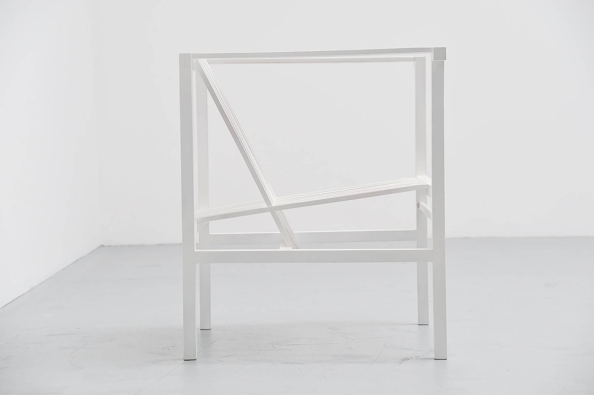 Rare high slat armchair designed by Ruud Jan Kokke, produced by Metaform 1984. This chair was produced by Metaform for 17 years, and only on request because the production was too costly. This is for a very nice white lacquered example. This chair