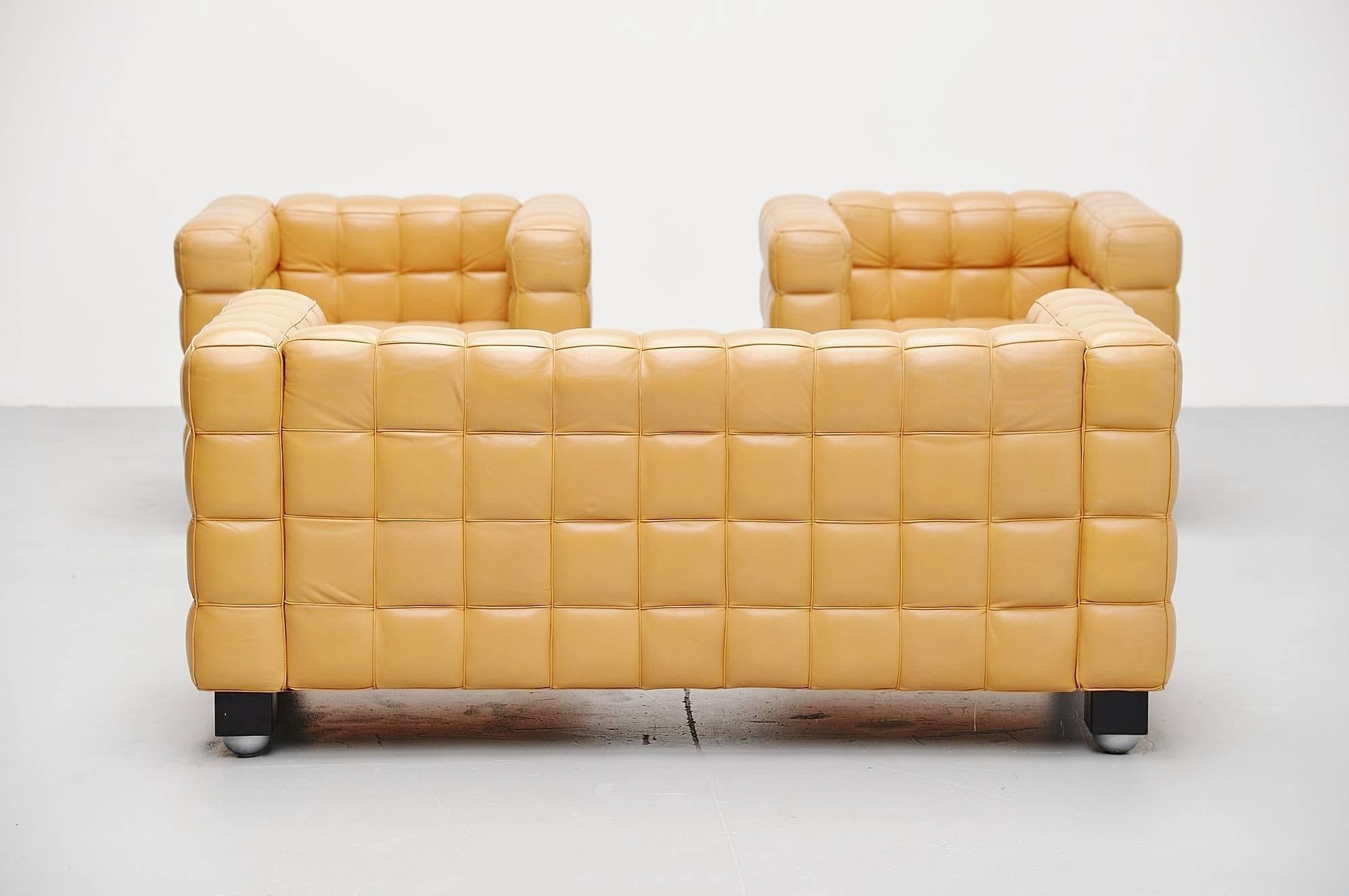 Super quality 'Kubus' sofa set designed by Josef Hoffmann, manufactured by Wittmann, Austria, circa 1980. The sofa was designed in 1910 and later Wittmann took it into production. This set is made of camel leather and is quality finished all-over.