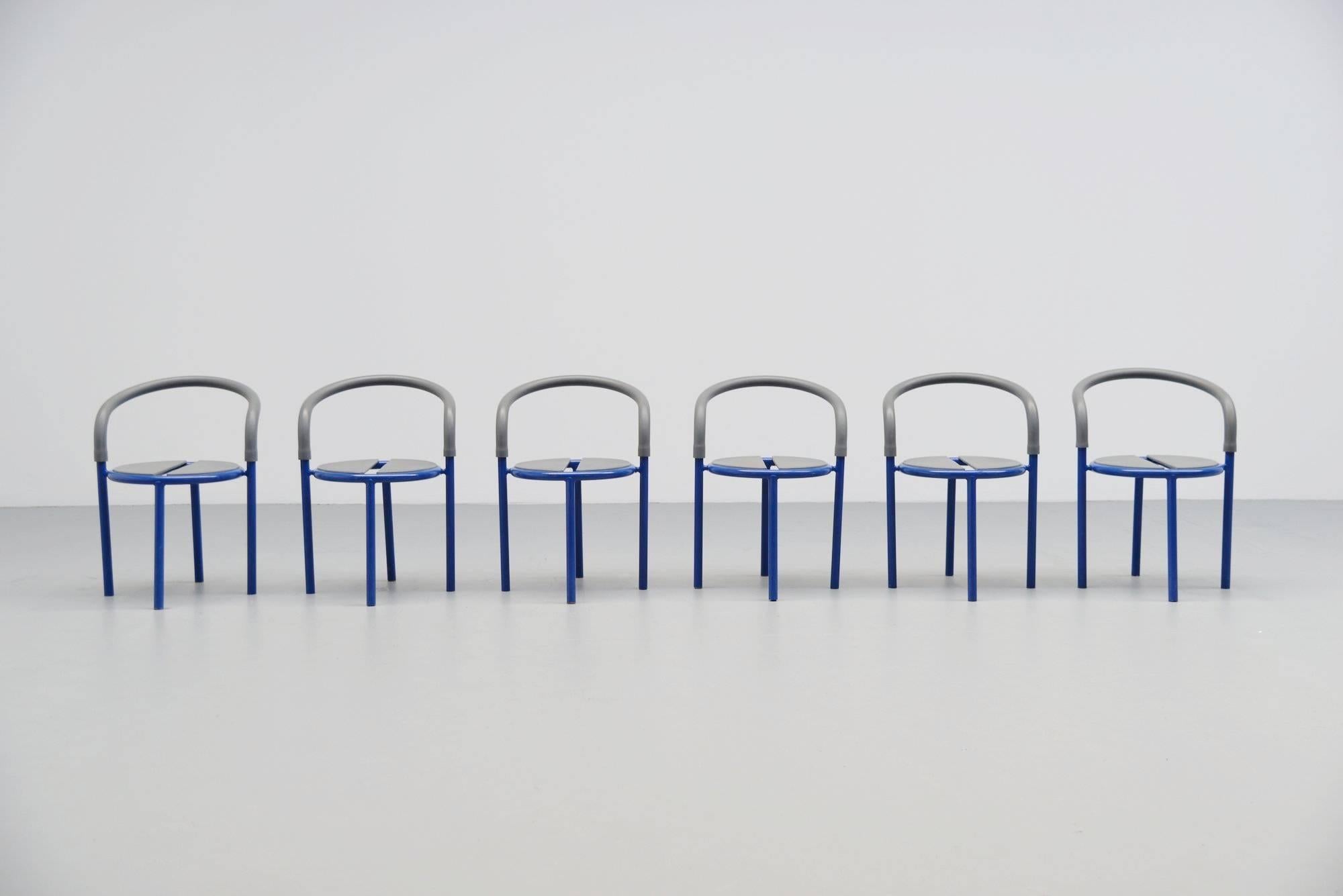 Very nice garden chairs designed by the Niels Gammelgaard for Fritz Hansen produced in 1990. Very nice shiny blue lacquered metal and rubber seat and back. Can be used outdoors as well, easy to clean. All in good condition and all marked with the