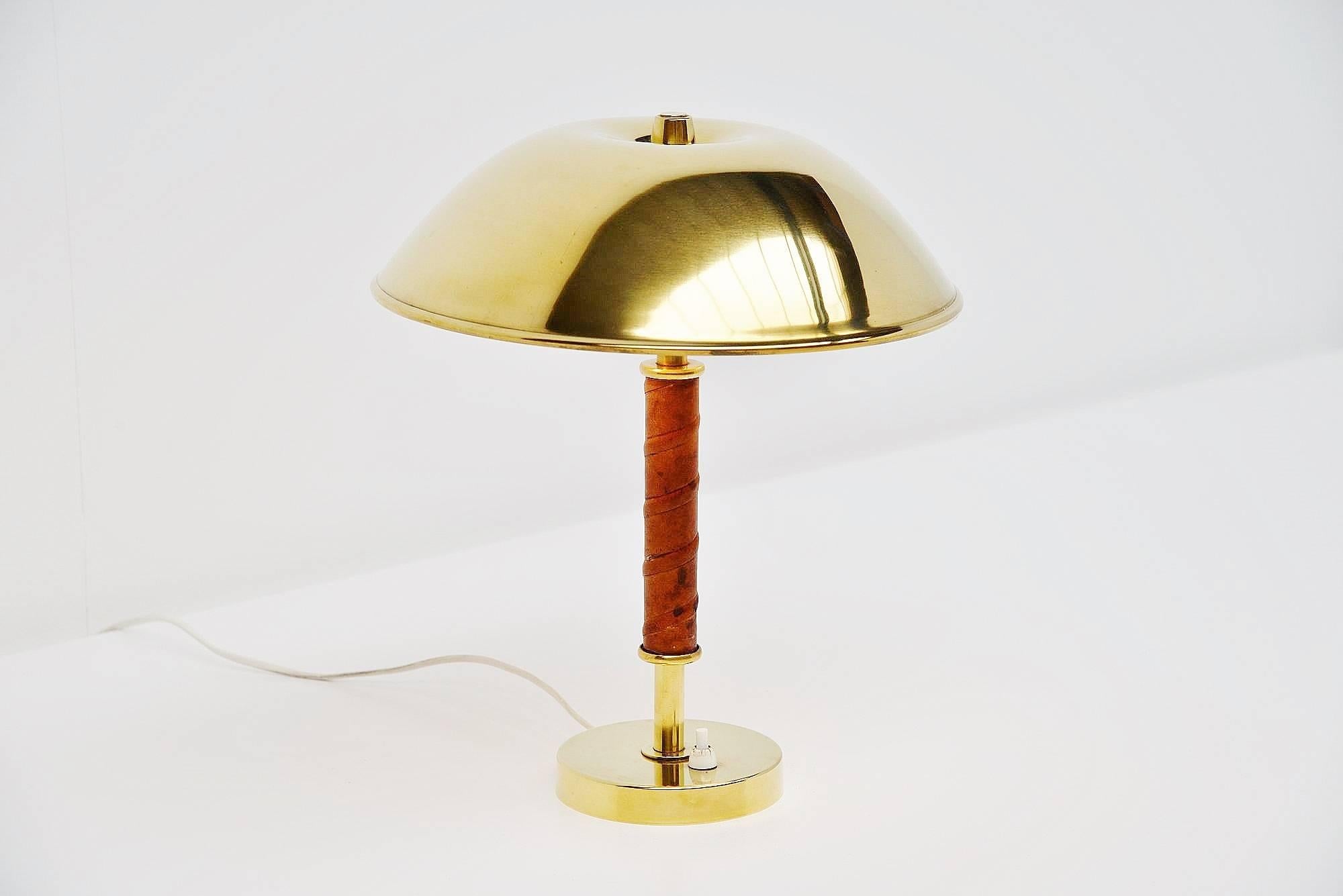 Danish ASEA Belysning Brass and Leather Table Lamp, Sweden, 1960