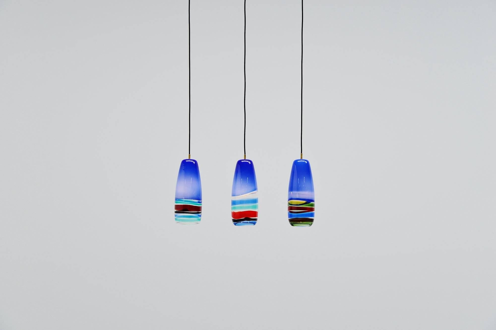 Massimo Vignelli Sigaro Pendant Lamps, Blue Venini, 1954 In Excellent Condition In Roosendaal, Noord Brabant