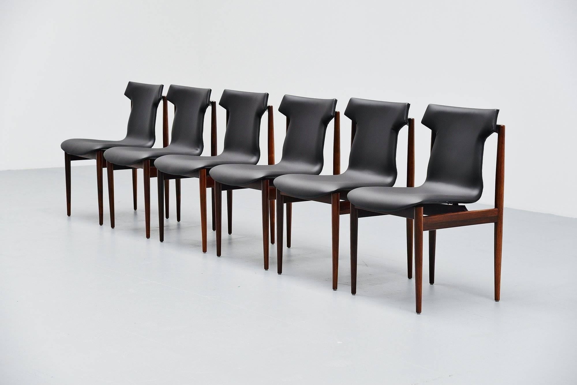 Fantastic set of dining chairs designed by Inger Klingenberg for Fristho Franeker, Holland, 1960. Fristho attracted Inger Klingenberg as designer in 1958. The most famous design from Inger Klingenberg is the IK-chair. The chair was innovative