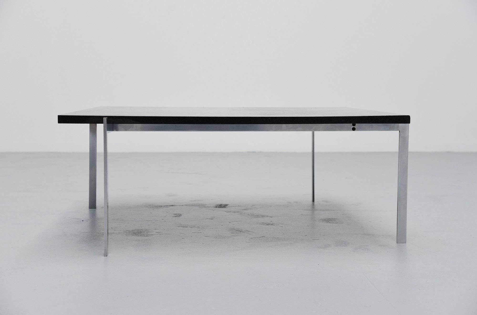 Nice large square coffee table in the style of Poul Kjaerholm, Denmark, 1970. This table has a brushed matt chrome plated steel frame, similar to the PK61 from Poul Kjaerholm. But this table is 90x90 cm where the original one is 80x80 cm. The table