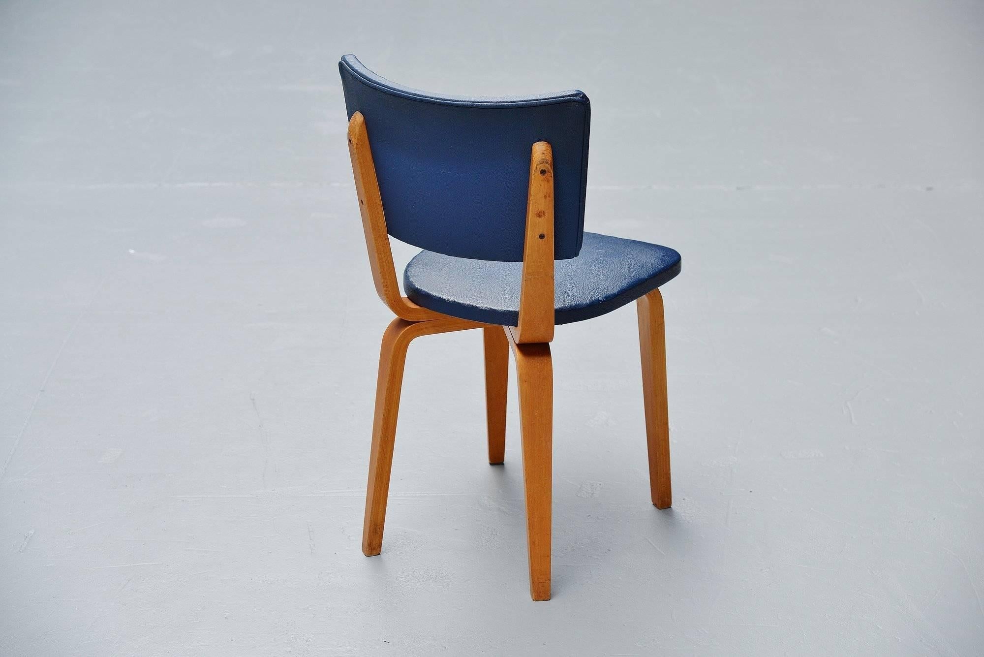 Mid-20th Century Cor Alons Plywood Dining Chairs in Blue Faux Leather, 1949