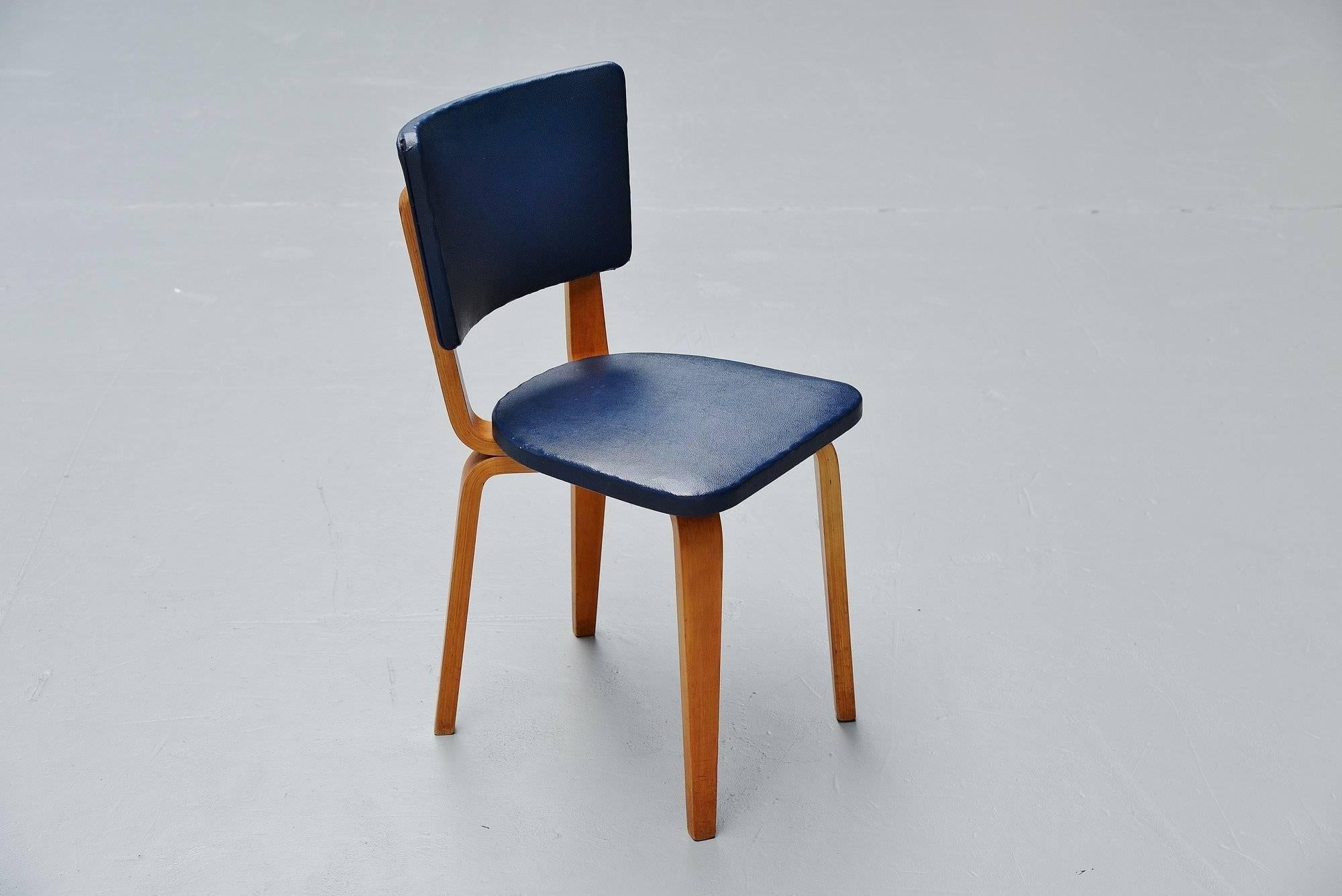 Cor Alons Plywood Dining Chairs in Blue Faux Leather, 1949 In Good Condition In Roosendaal, Noord Brabant