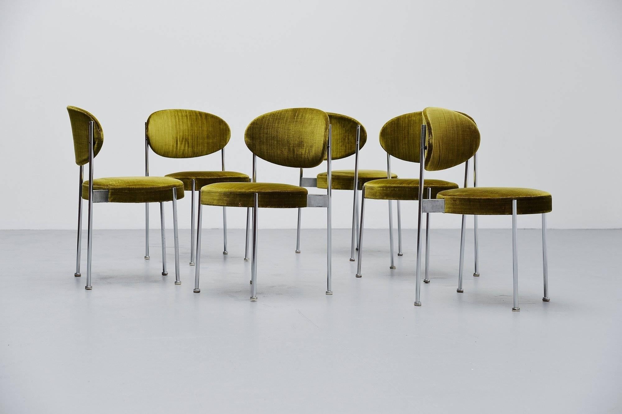 Rare set of six dining chairs designed by Verner Panton, manufactured by Thonet, Germany, 1967. These chairs have there original green velvet upholstery which is still in good acceptable condition. The chairs have chrome plated tubular metal legs