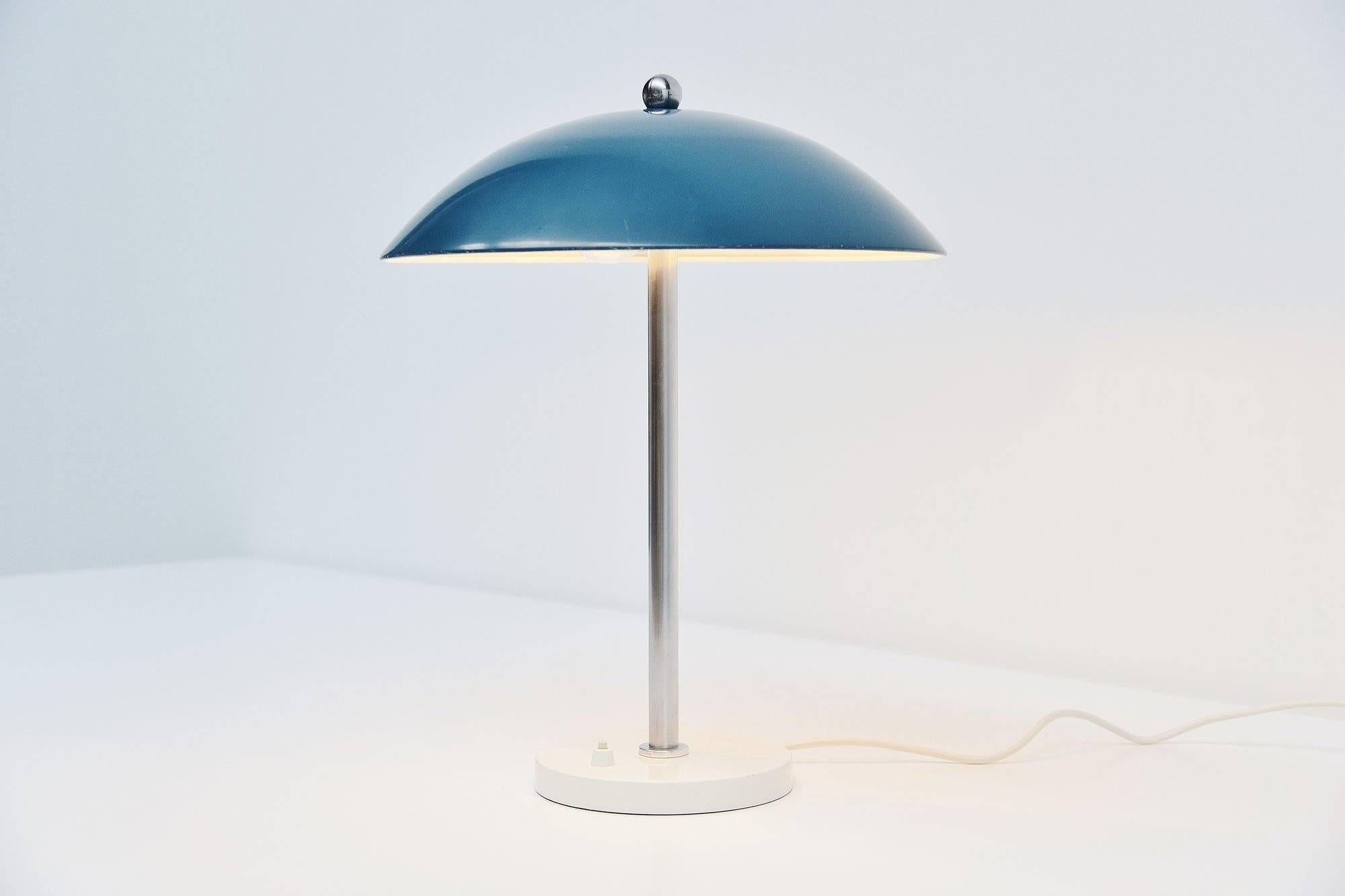 Brushed Wim Rietveld Mushroom Table Blue Lamp, Gispen, 1950