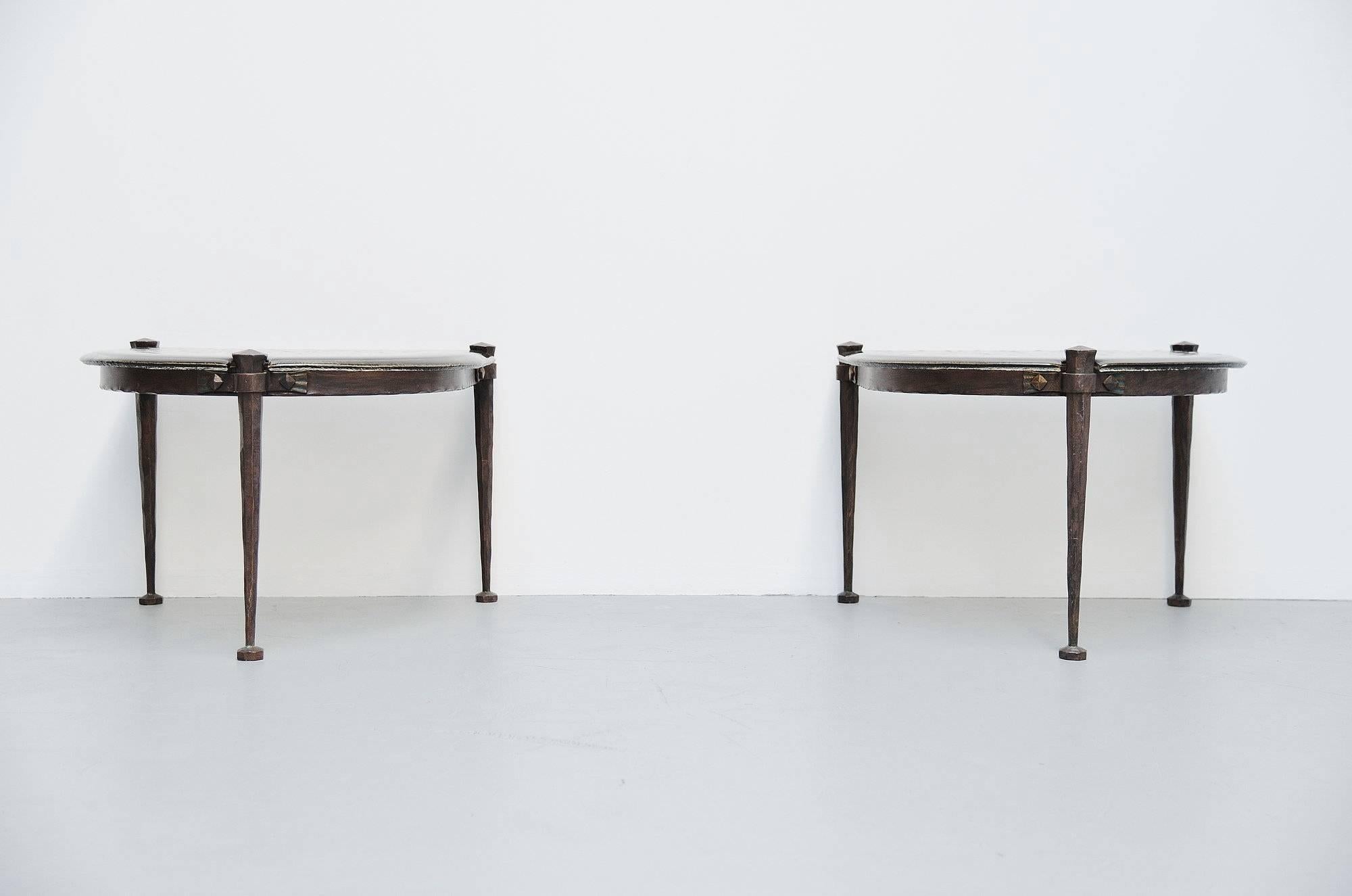 Fantastic pair of side tables designed and manufactured (hand made) by Lothar Klute, Germany 1970. These tables are early editions from Klute made in the early 1970s. The tables are made of solid casted metal, very heavy. And have amazing handblown