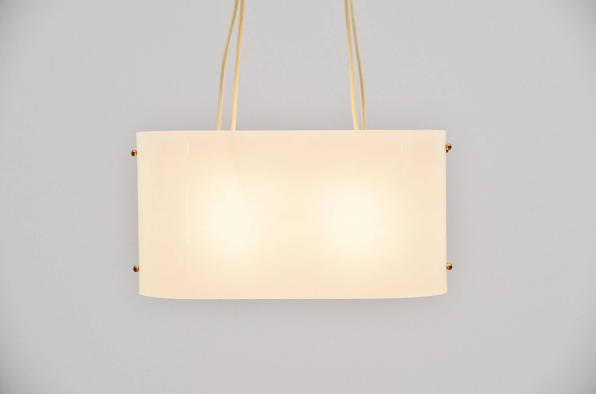 Very nice pendant lamp made by unknown designer or manufacturer in Italy, 1960. The lamp has a metal frame with two bent plexiglass shades, finished with brass knobs. Very nice and well-made pendant lamp that can be attributed to Arredoluce,