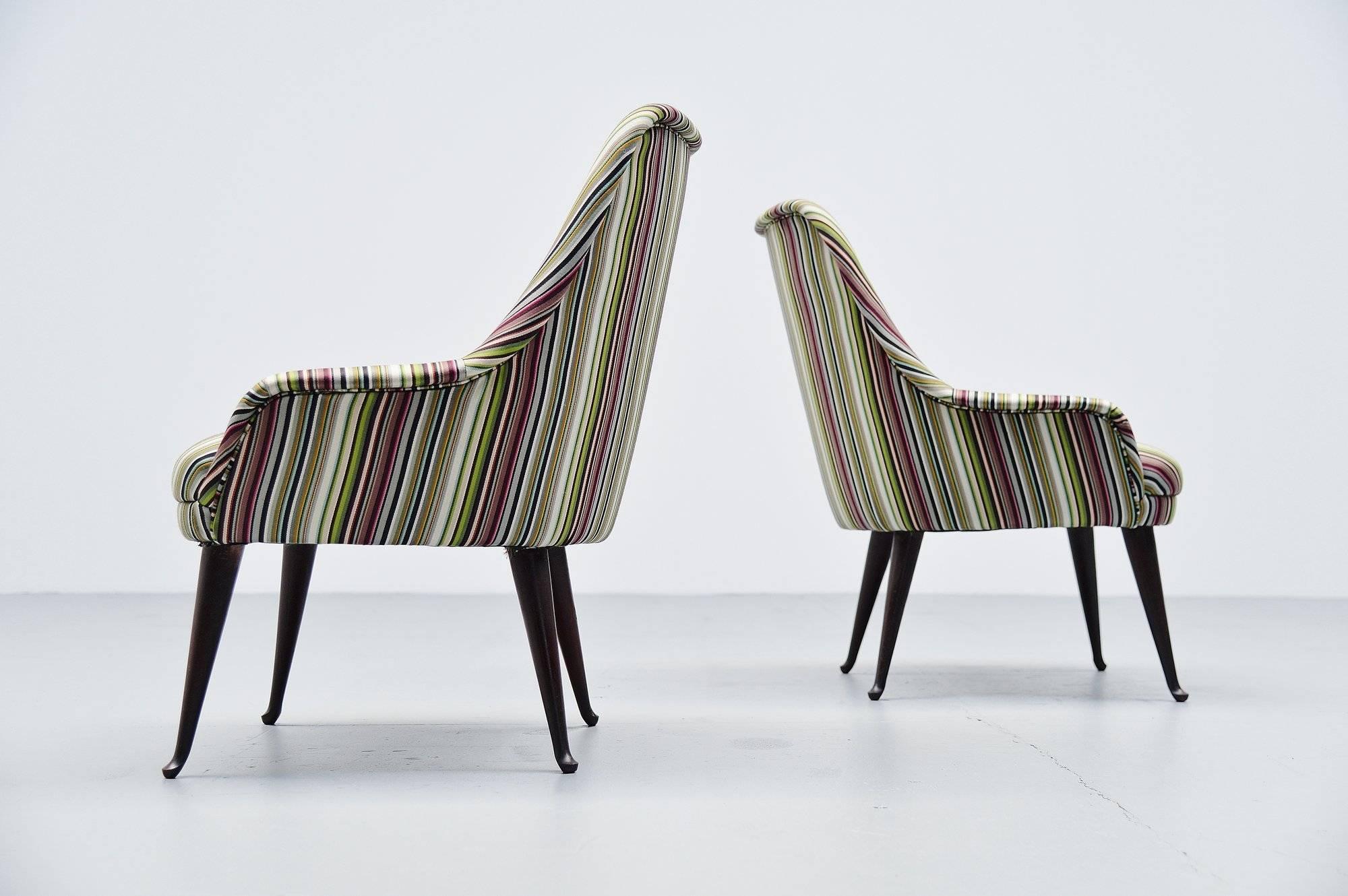 Ebonized Carlo de Carli style Cocktail Chairs Paul Smith Fabric, Italy, 1950