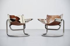 Italian Cowskin Lounge Chairs Brushed Steel, 1970