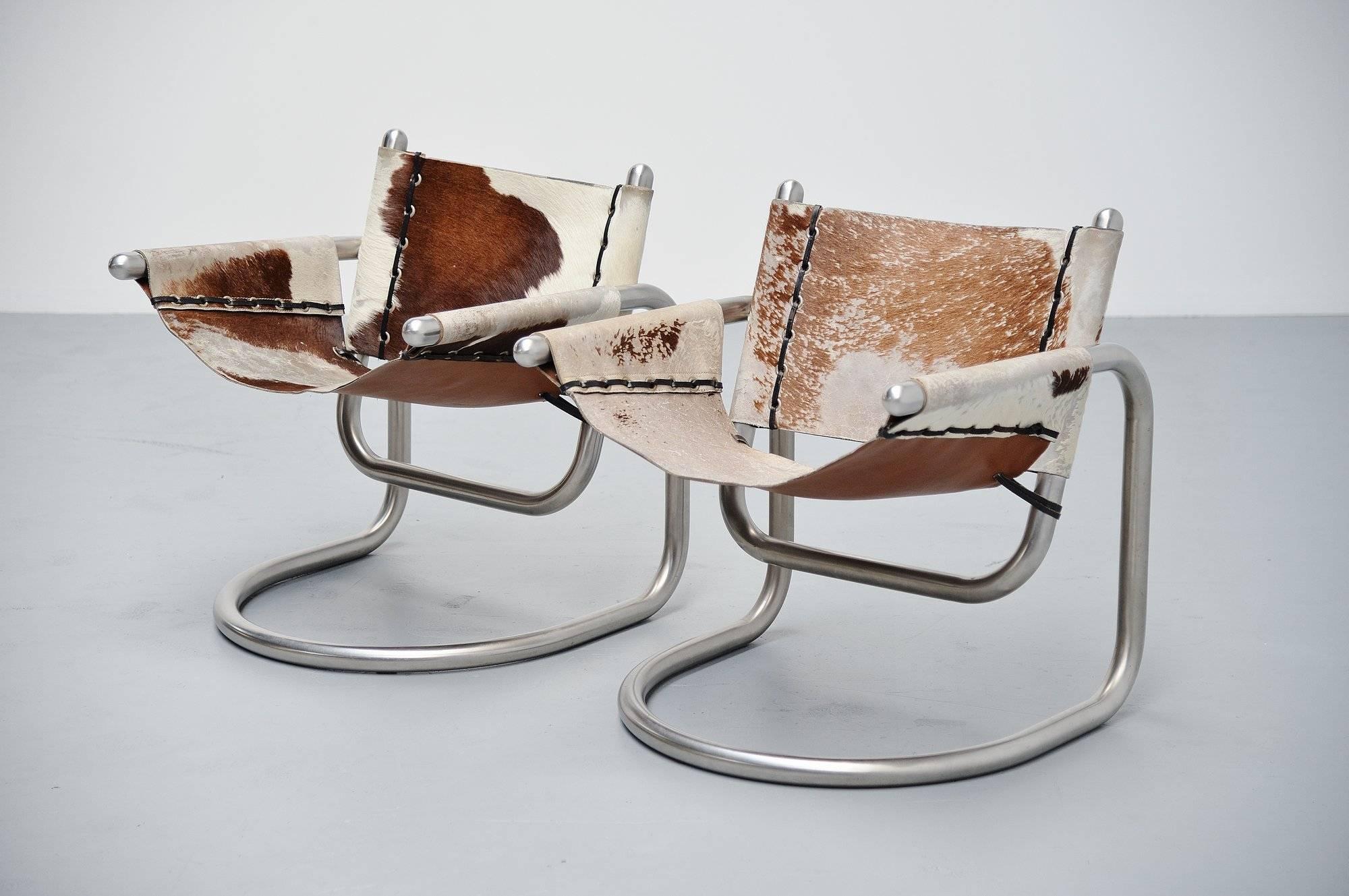Late 20th Century Italian Cowskin Lounge Chairs Brushed Steel, 1970