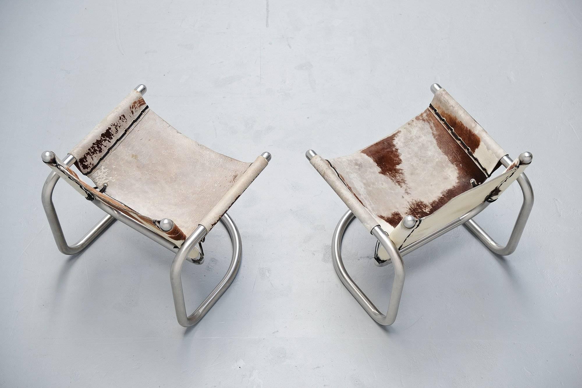 Mid-Century Modern Italian Cowskin Lounge Chairs Brushed Steel, 1970