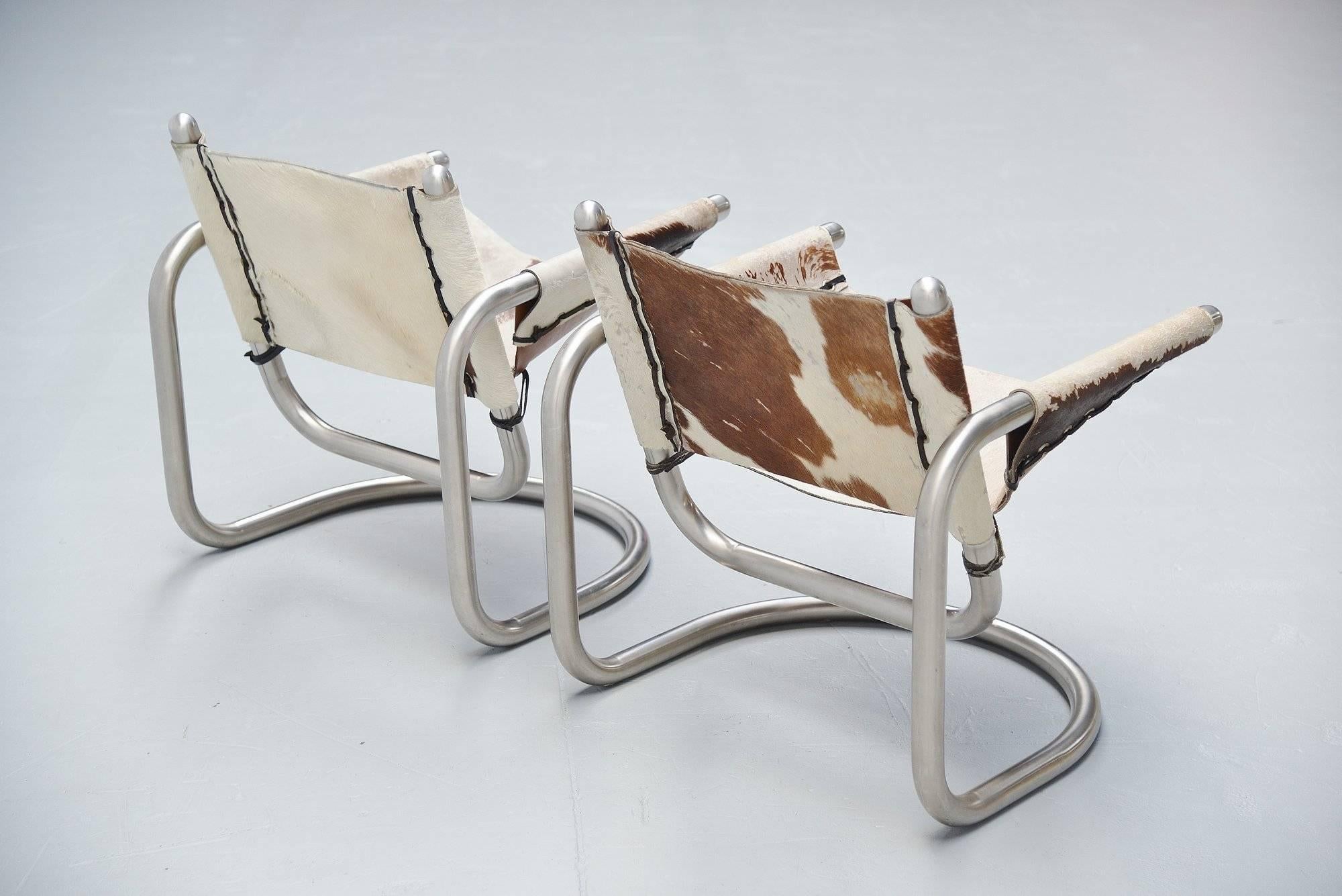 Italian Cowskin Lounge Chairs Brushed Steel, 1970 1