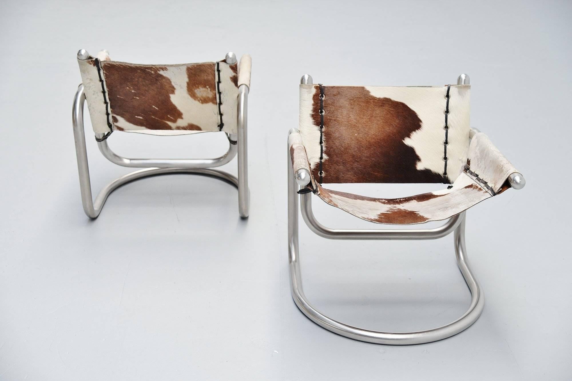 Italian Cowskin Lounge Chairs Brushed Steel, 1970 3