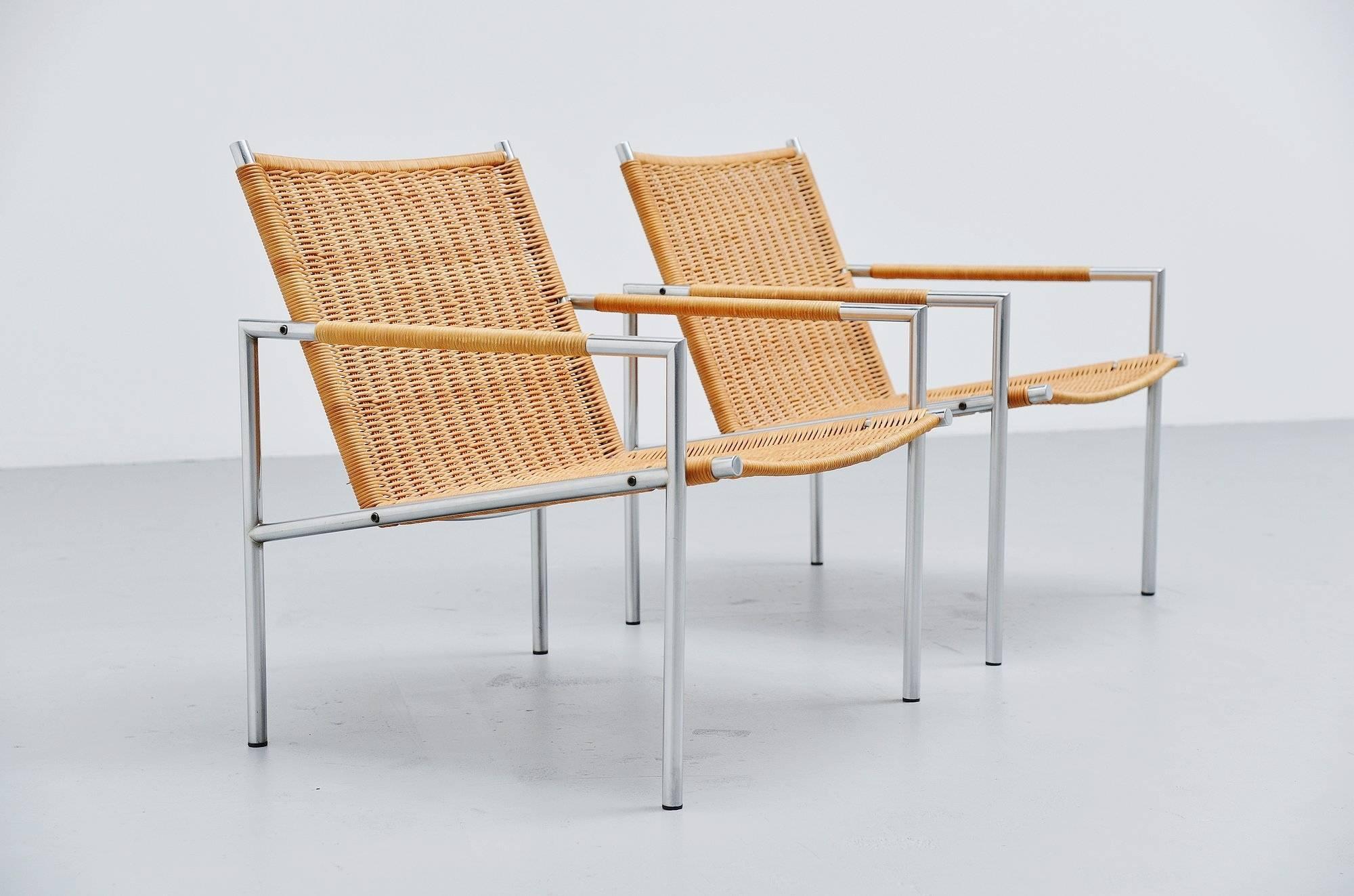 Brushed Martin Visser SZ01 Easy Chairs Cane for 't Spectrum, 1965