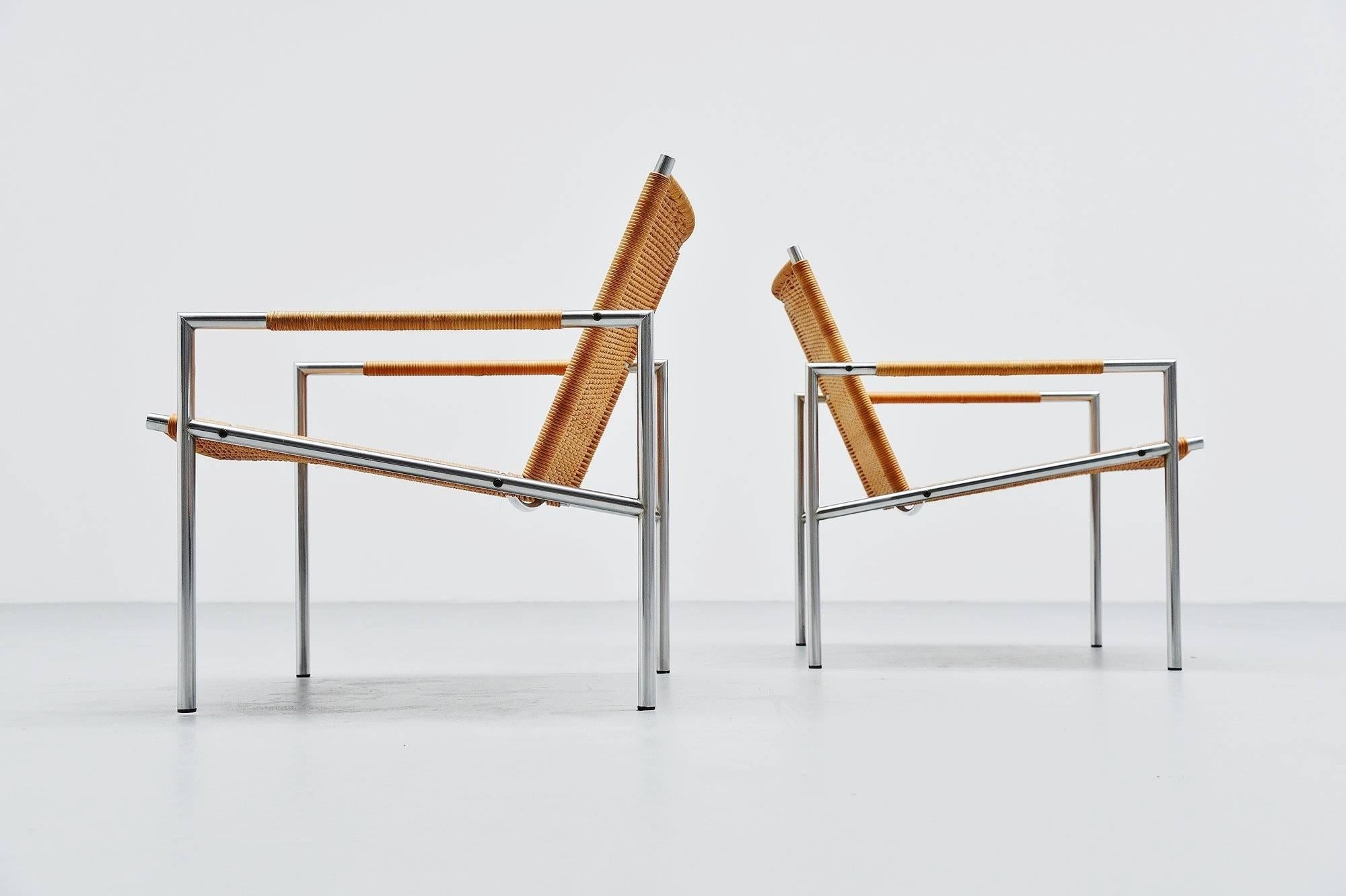 Stainless Steel Martin Visser SZ01 Easy Chairs Cane for 't Spectrum, 1965