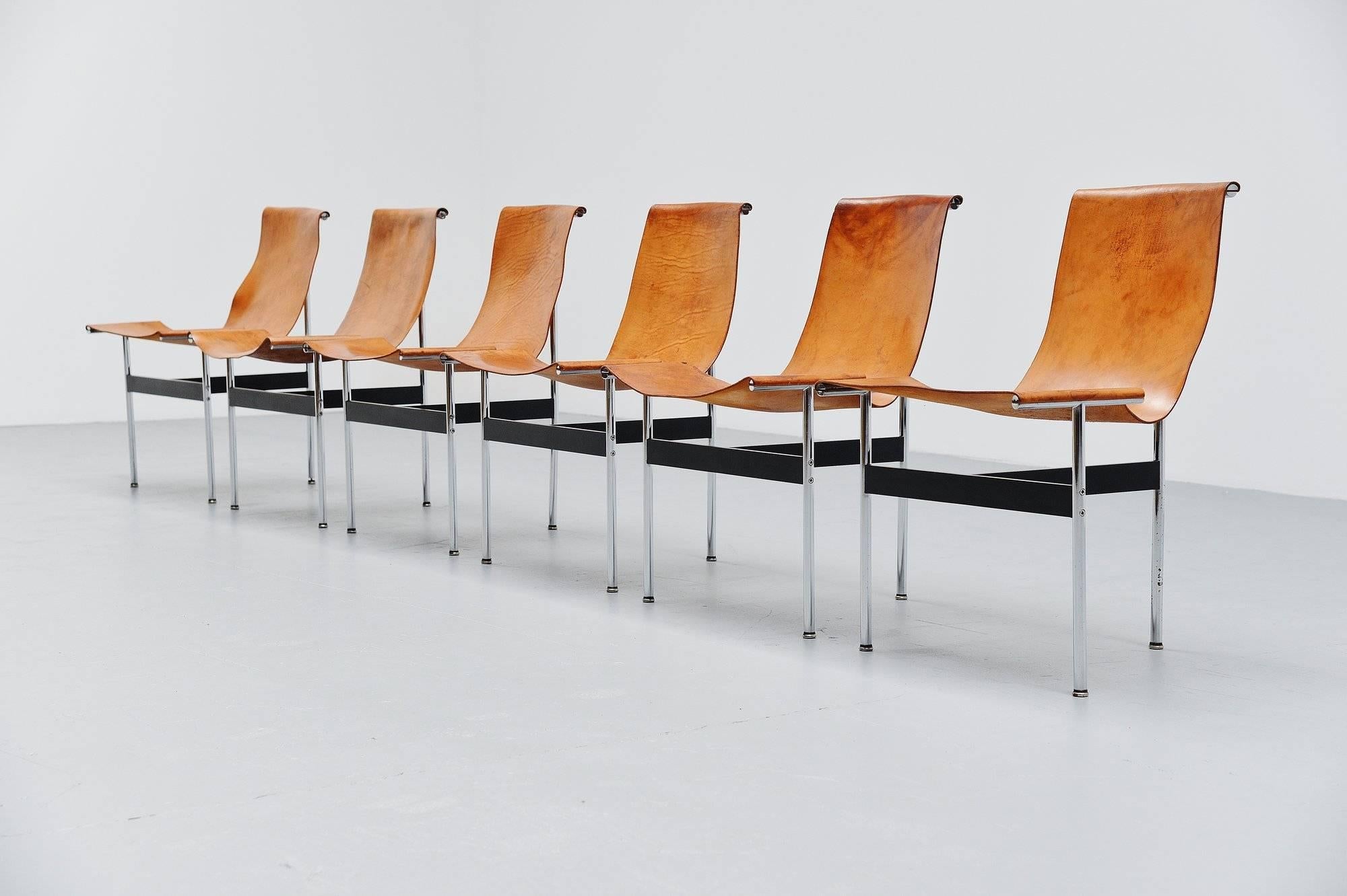 Fantastic set of six so called 'T-chairs' designed by William Katavolos, Ross Littell and Douglas Kelley, produced by ICF De Padova Italy 1964. These chairs have chrome plated tubular metal frames with a black painted T shaped connection frame.