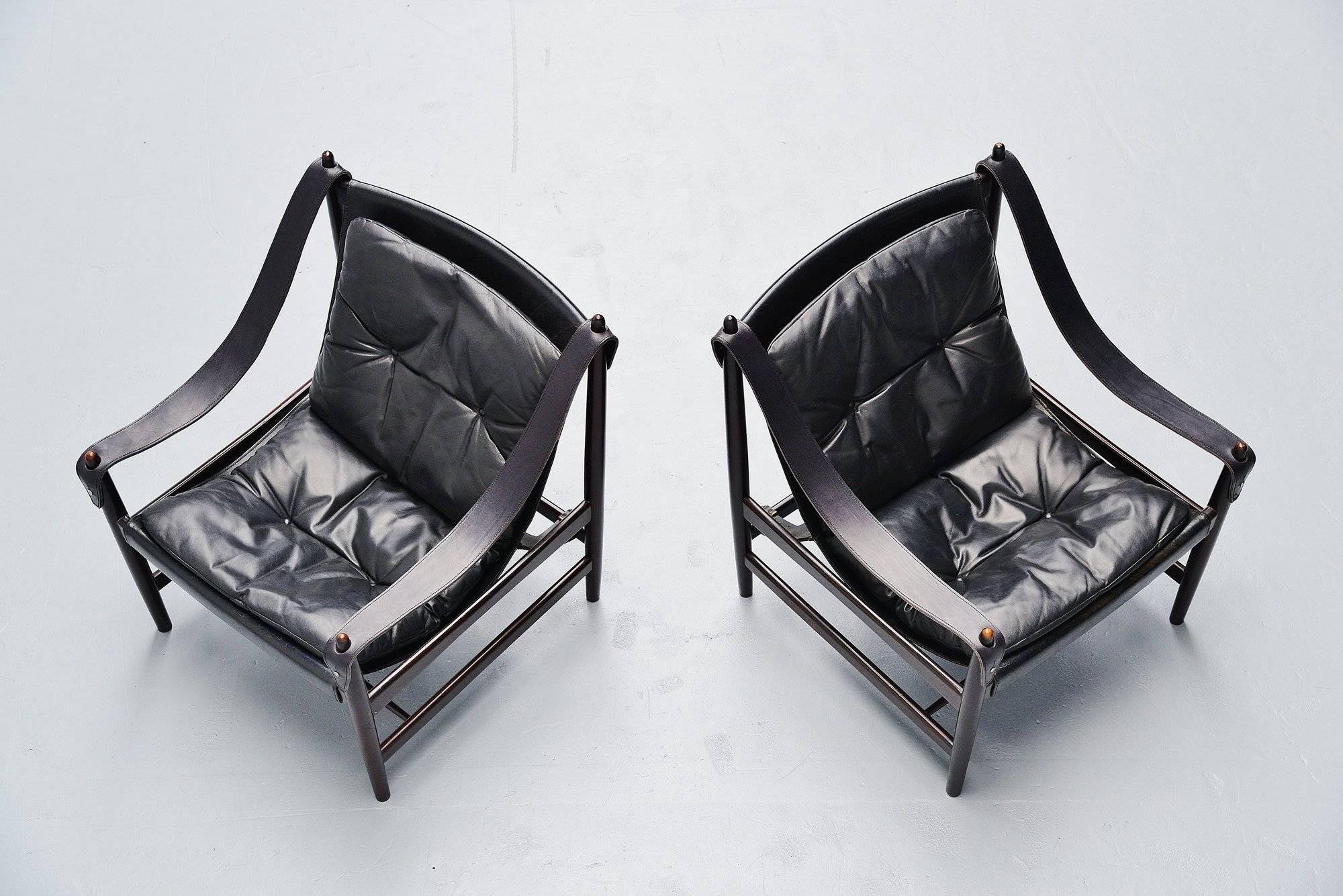 Danish Large Pair of Safari Chairs in Mahogany and Leather, 1960