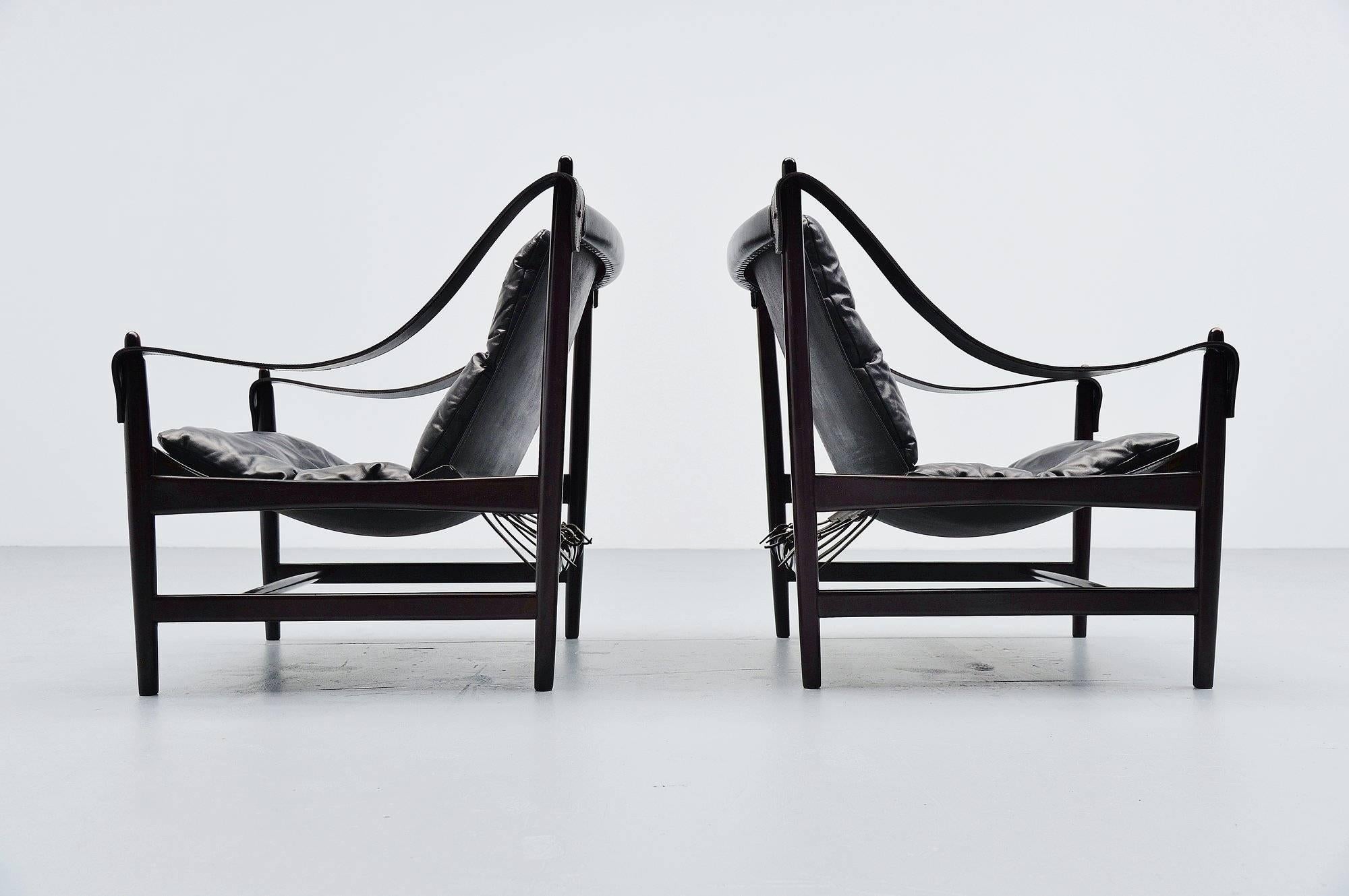 Large Pair of Safari Chairs in Mahogany and Leather, 1960 2