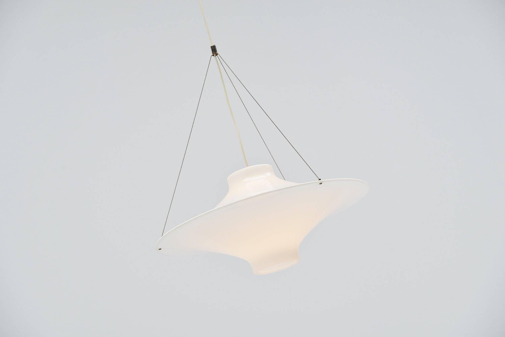 Very nice skyflyer/Lokki pendant lamp designed by Yki Nummi and manufactured by Sanka, Finland 1960. This is an old original edition, not a re-edition. The lamp is made of white perspex and has a metal wire. Very nice timeless pendant lamp, large