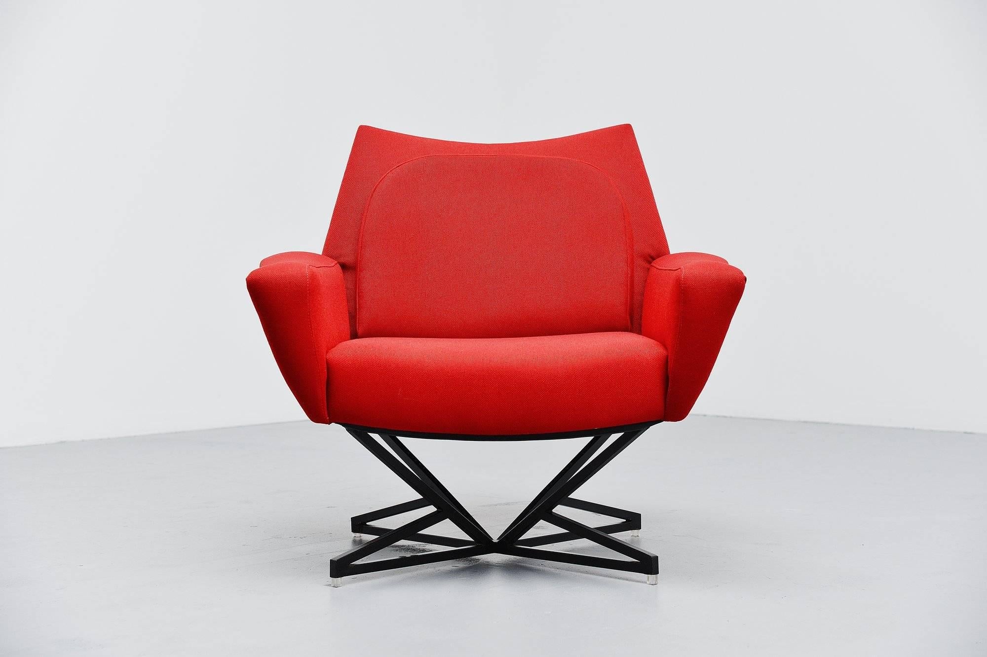 Fantastic shaped lounge chair attributed to Gastone Rinaldi, unknown manufacturer Italy, 1955. The chair has a fantastic shaped square tubular metal frame, black painted and it has perspex feet. We newly upholstered the chair as it originally was in