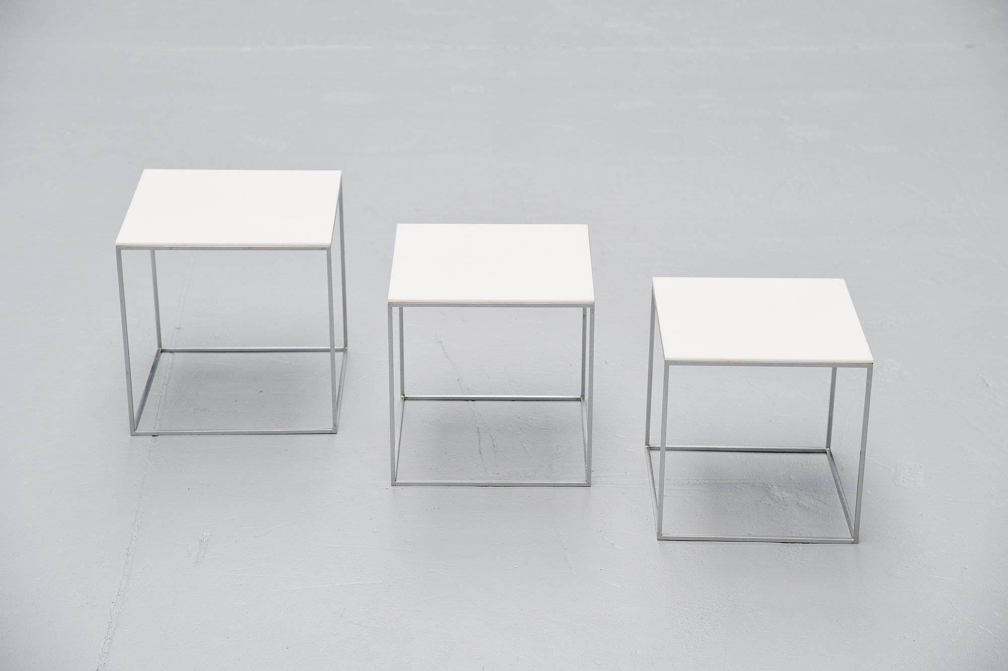 Nice set of nesting tables model PK71 designed by Poul Kjaerholm for Ejvind Kold Christensen, Denmark 1957-1982. These tables are a very rare first production as only the very few first produced tables were stamped with the ‘old’ EKC Denmark logo.