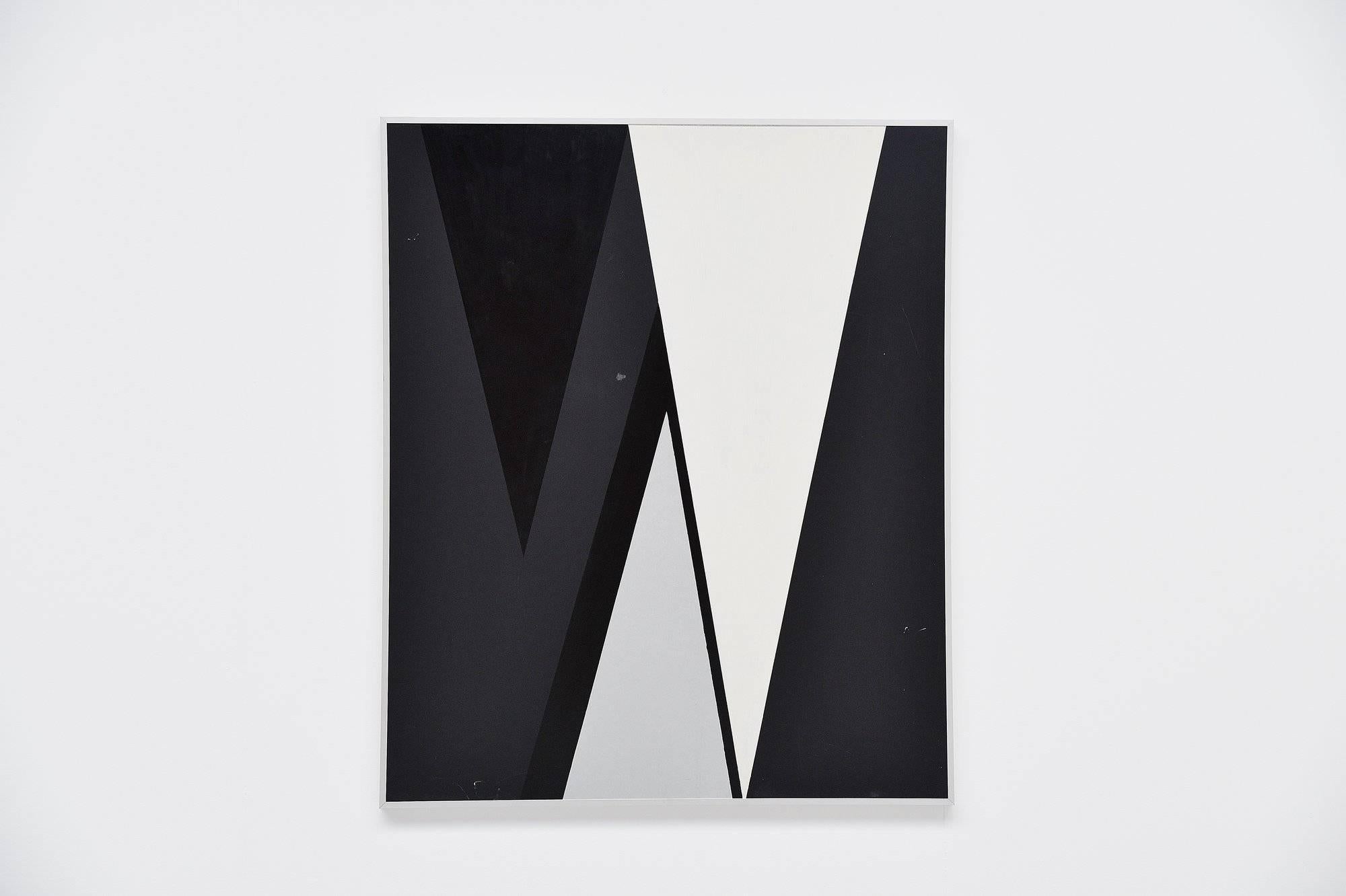 Mid-Century Modern Rudolf Wolf Abstract Geometric Painting on Board, 1980