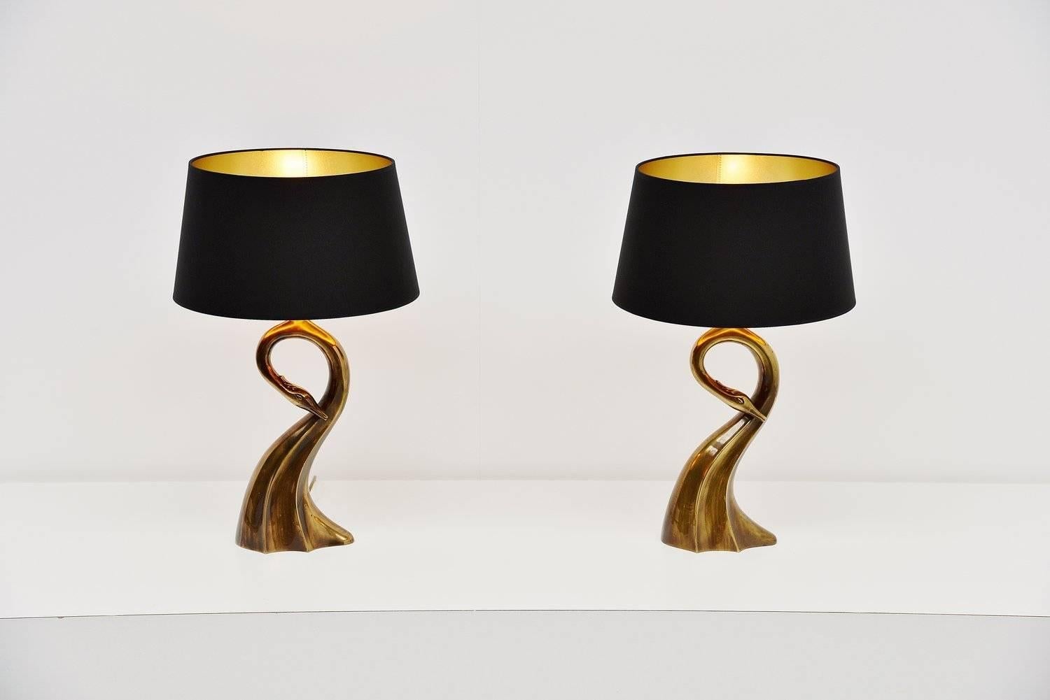 Brass swan shaped table lamps Belgium 1970 1