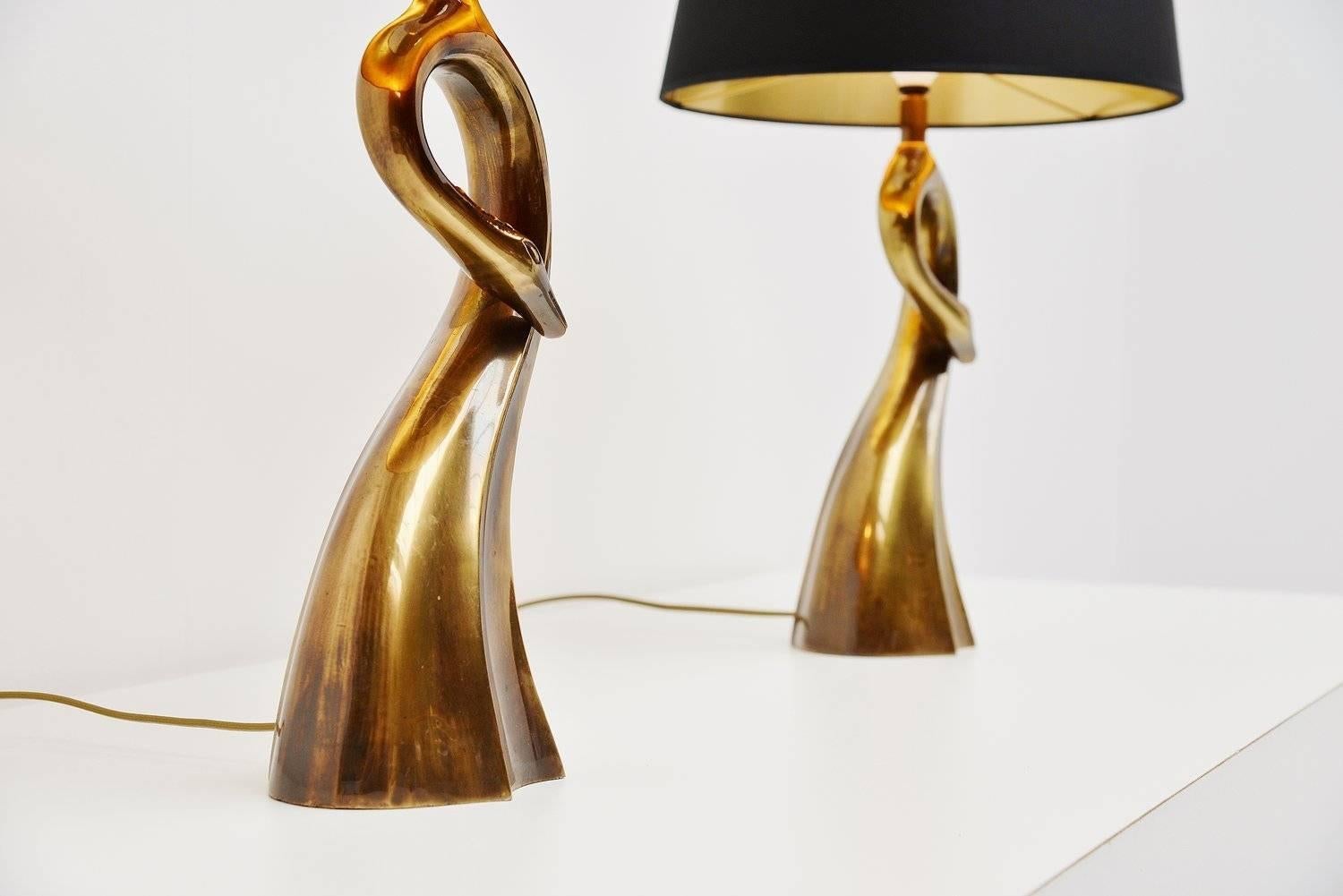 Brass swan shaped table lamps Belgium 1970 3