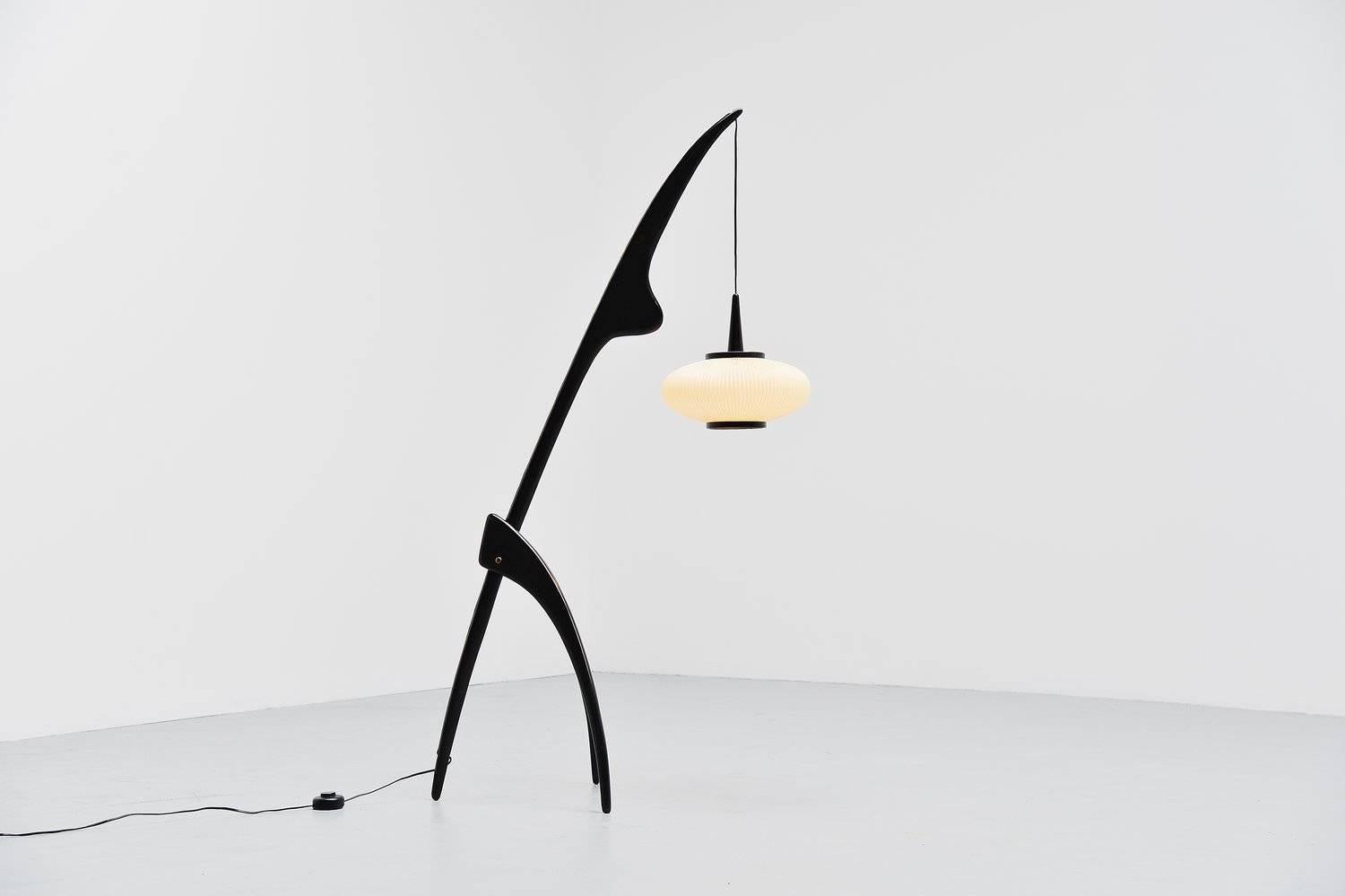 Sculptural floor lamp Mante Religieuse designed and made by Rispal, France, 1952. This is a very nice black stained example of the Mantis floor lamp and it still has its original shade where 90% of the lamps you see have a new or replaced shade.