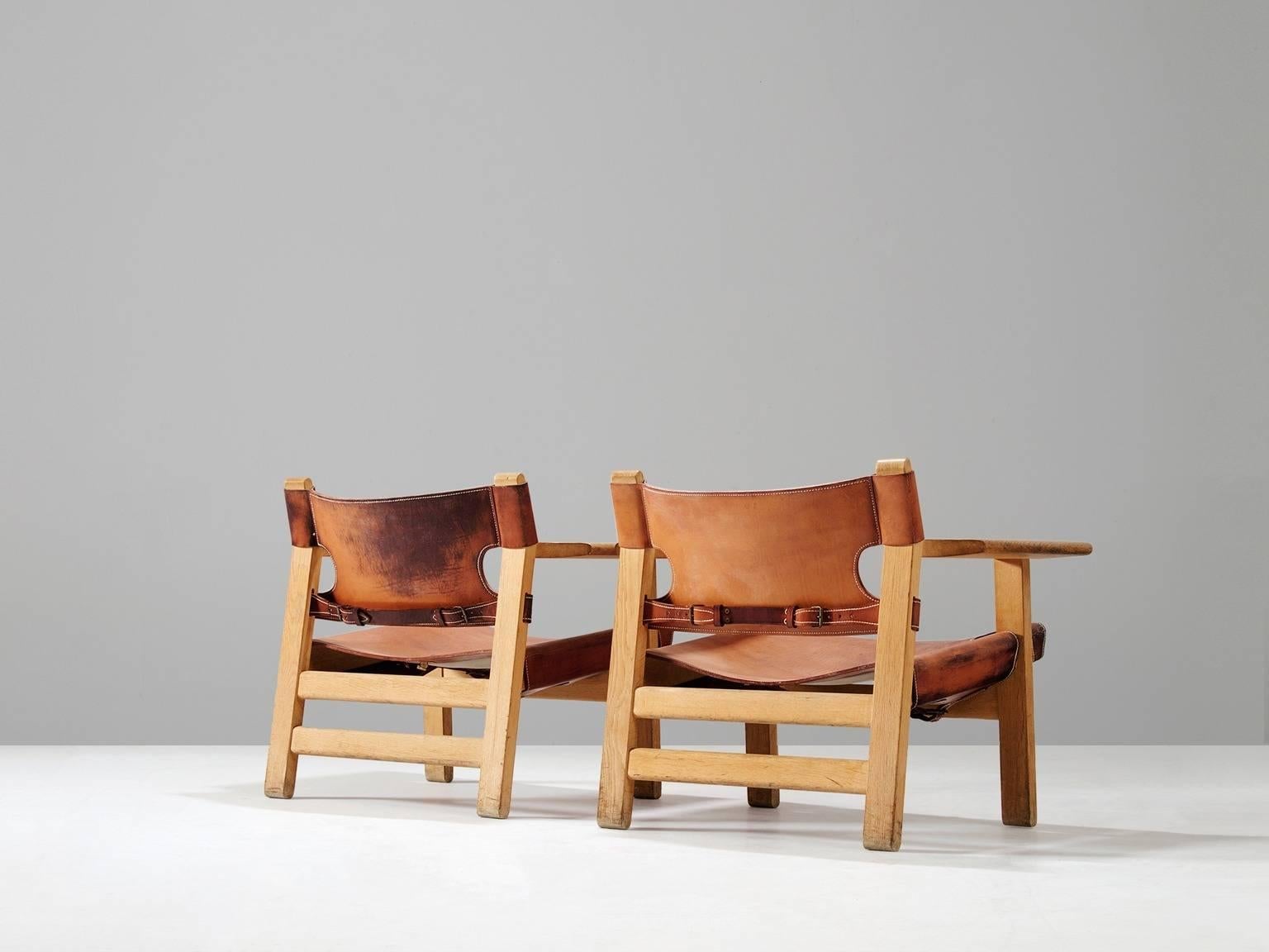 Danish Børge Mogensen 'Spanish Chairs' in Solid Oak and Cognac Leather 