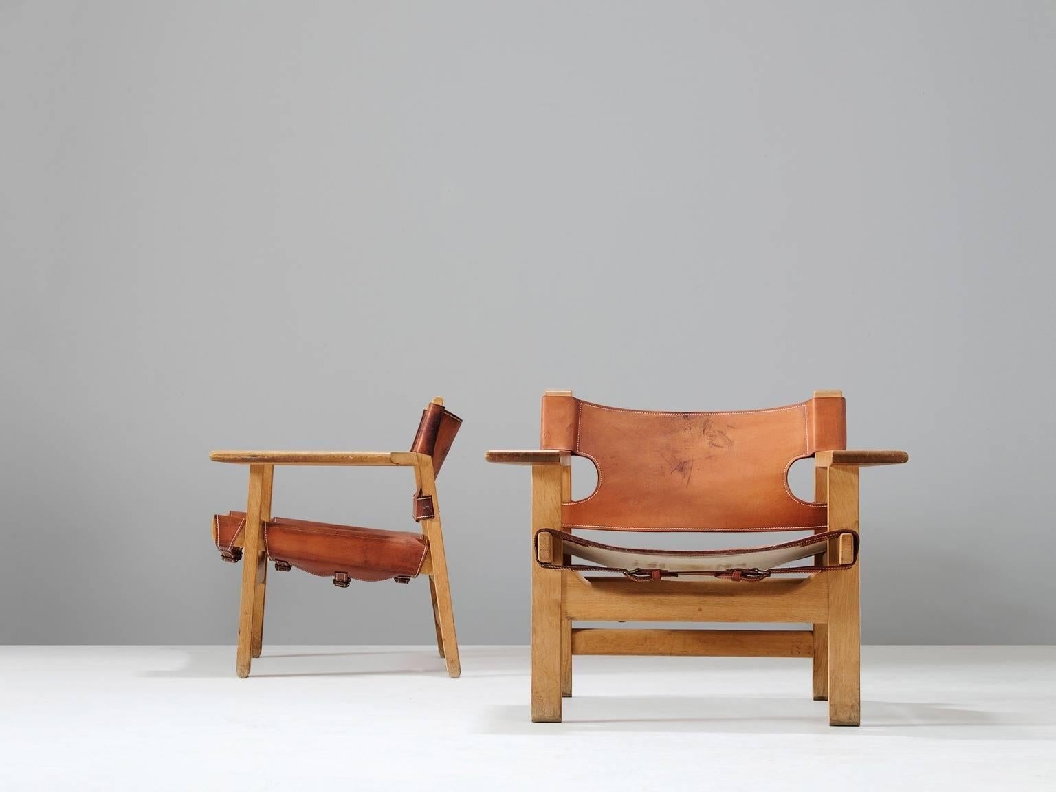Scandinavian Modern Børge Mogensen 'Spanish Chairs' in Solid Oak and Cognac Leather 