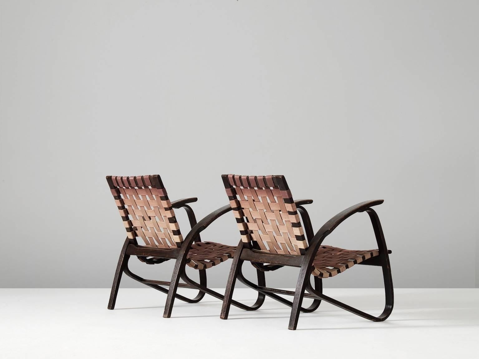 Czech Jan Vanek Pair of Easy Chairs with Woven Straps Upholstery 