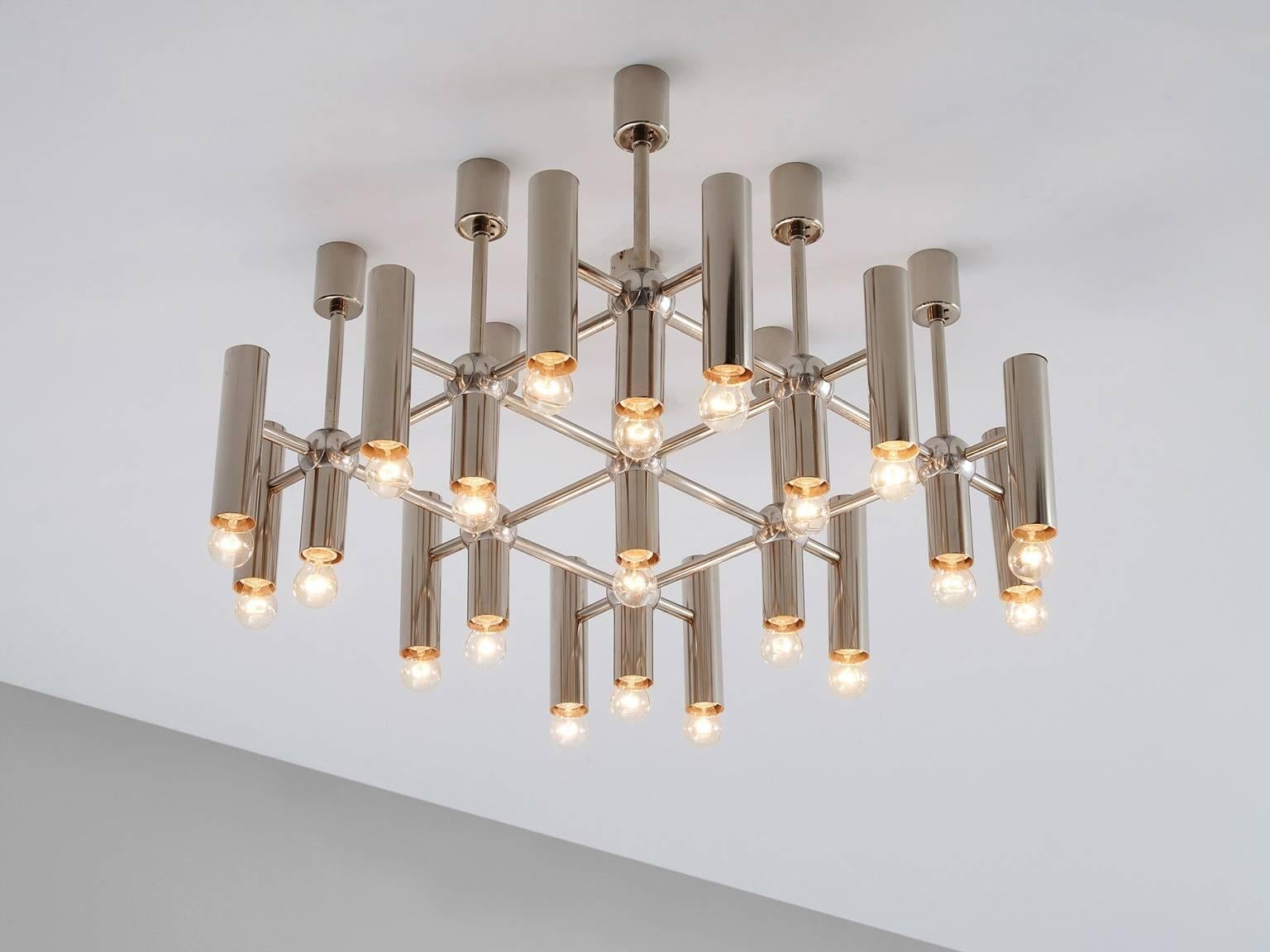 Chandelier, in nickel-plated steel, Germany 1970s. 

Chandelier in nickel-plated steel. Stunning modern design. The chandelier consists of 21 lights, arranged in a symmetrical pattern. The large amount of lights is beautifully reflected by the steel