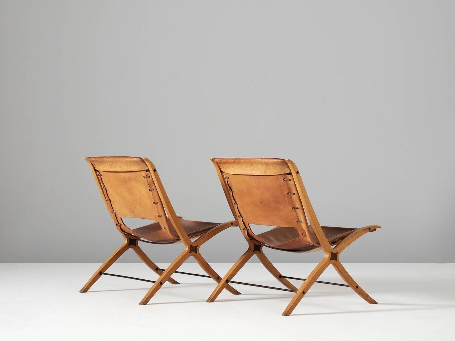 Scandinavian Modern Hvidt & Mølgaard Pair of X-Chairs in Cognac Leather