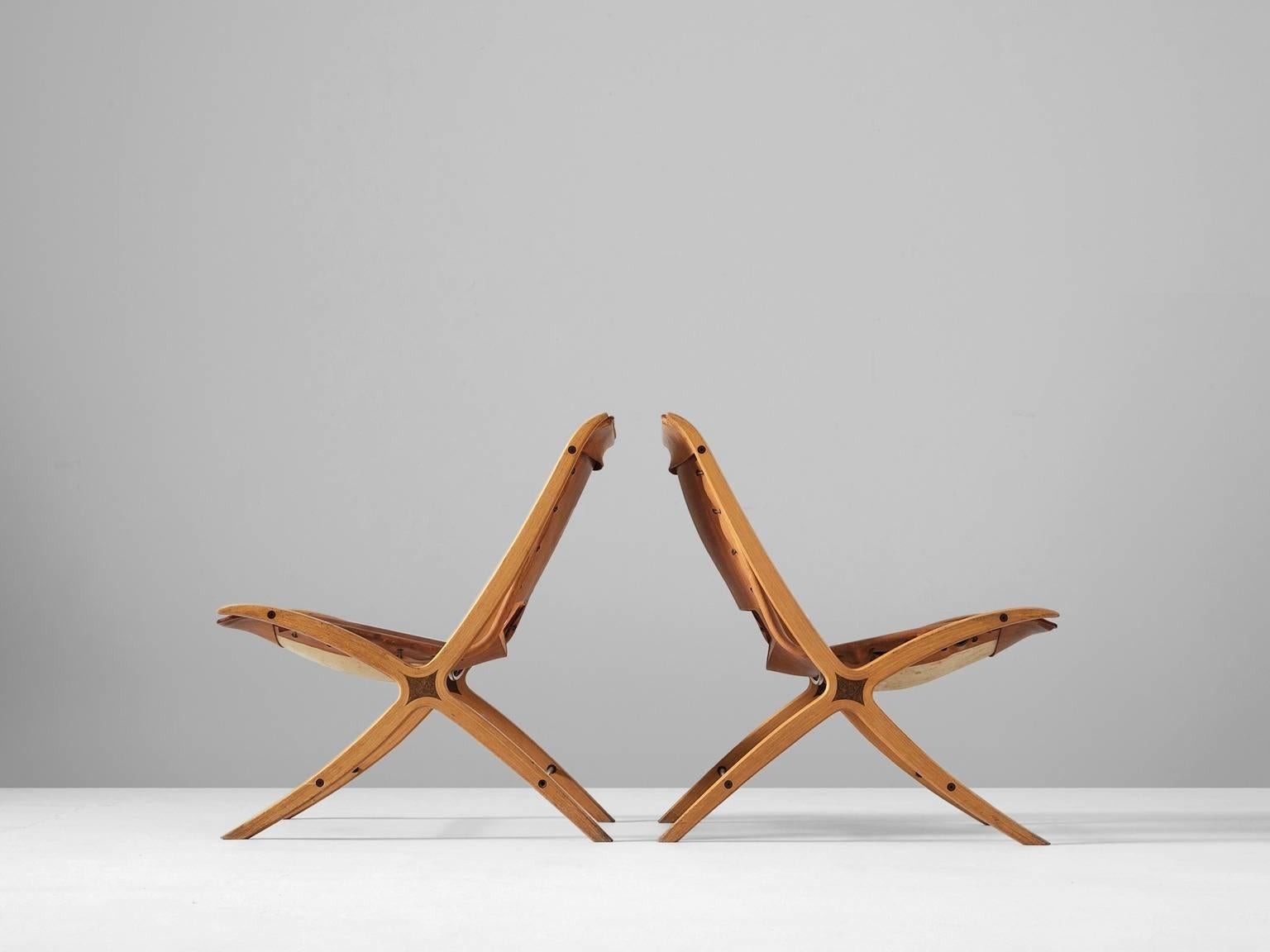 Danish Hvidt & Mølgaard Pair of X-Chairs in Cognac Leather