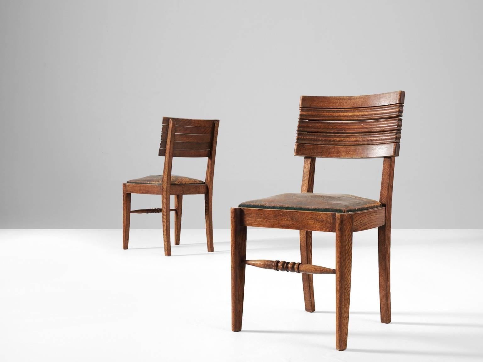 French Gaston Poisson Set of Six Dining Chairs in Oak and Leather
