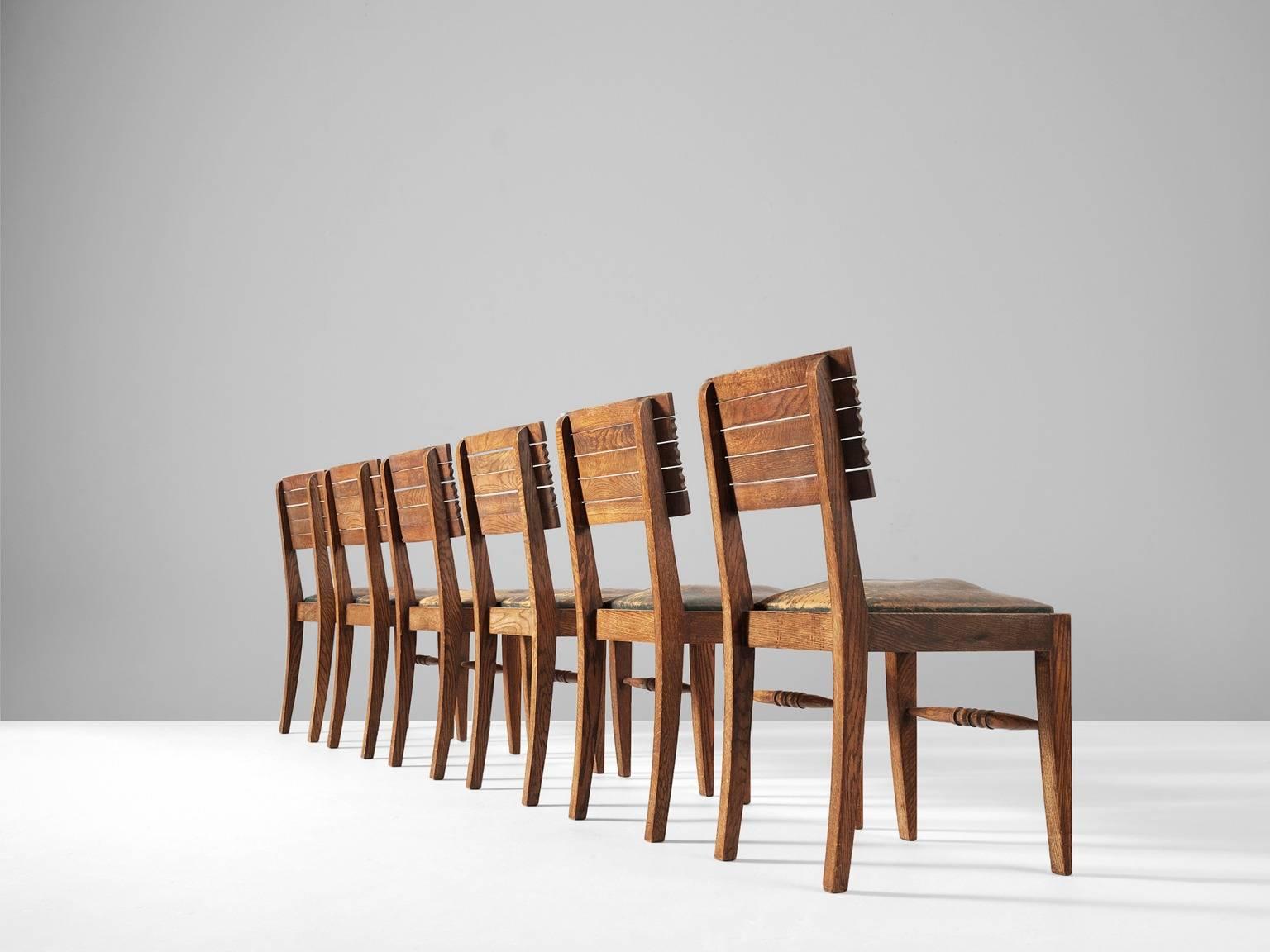 Art Deco Gaston Poisson Set of Six Dining Chairs in Oak and Leather