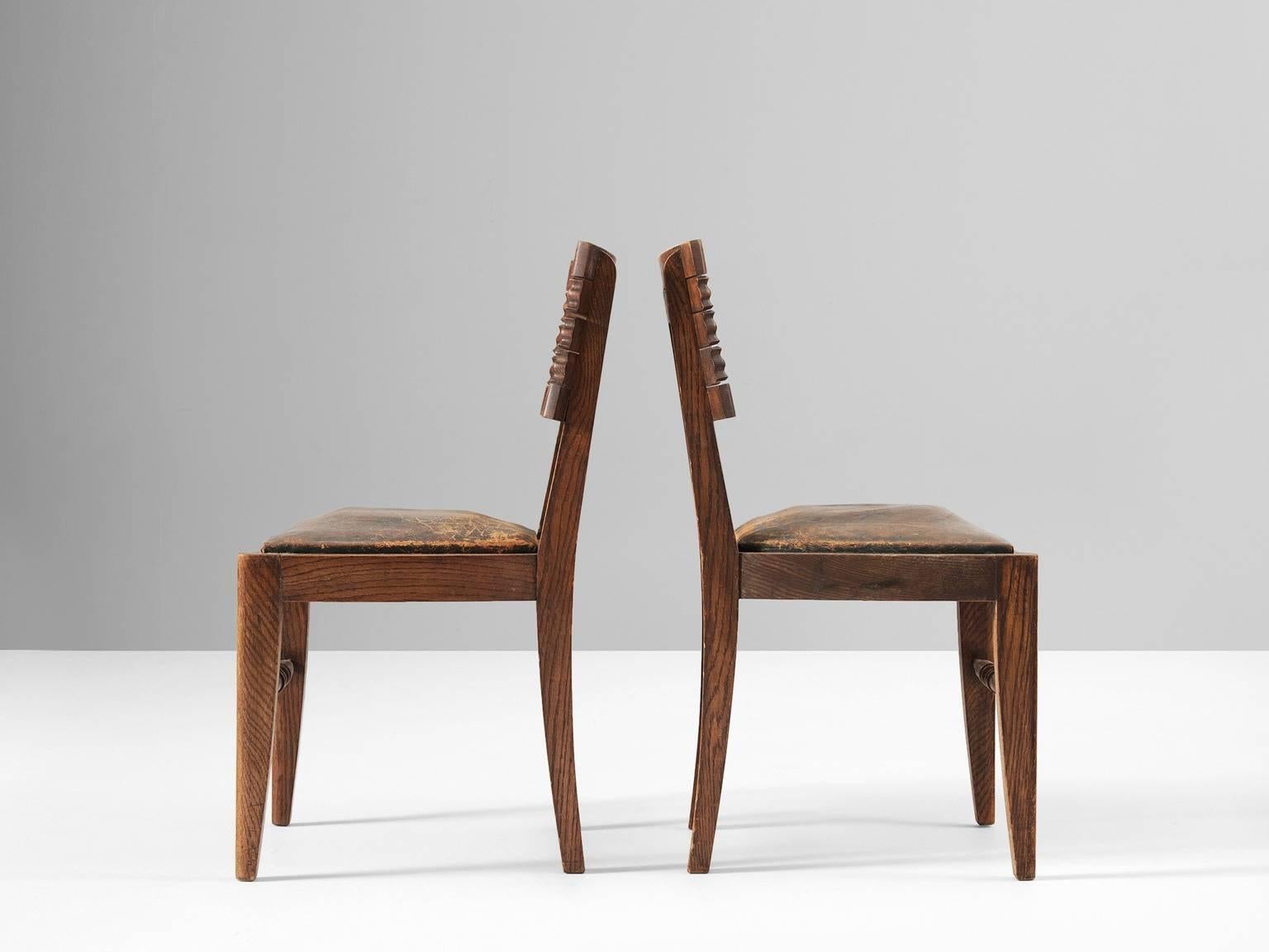 Gaston Poisson Set of Six Dining Chairs in Oak and Leather In Good Condition In Waalwijk, NL