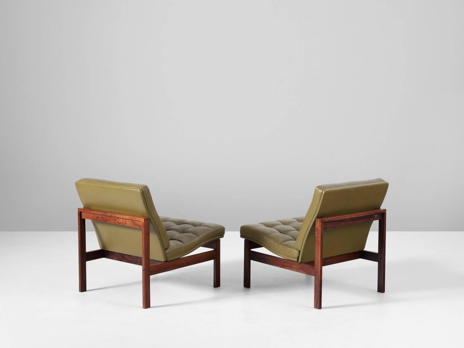 Scandinavian Modern Pair of Easy Chairs in Green Leather for France & Søn