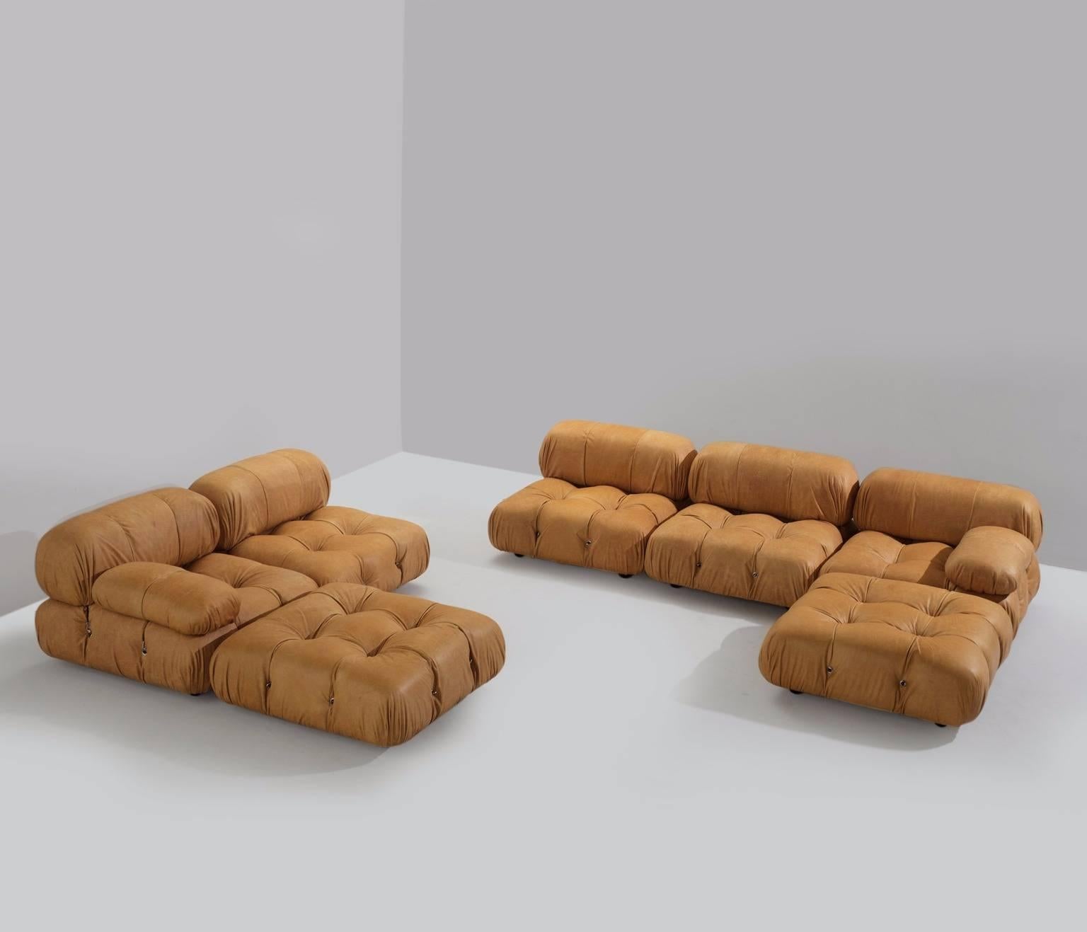 Large modular 'Cameleonda' sofa, in cognac leather upholstery, by Mario Bellini for B&B Italia, Italy, 1972. 

The sectional elements this sofa was made with, can be used freely and apart from one another. The backs and armrests are provided with