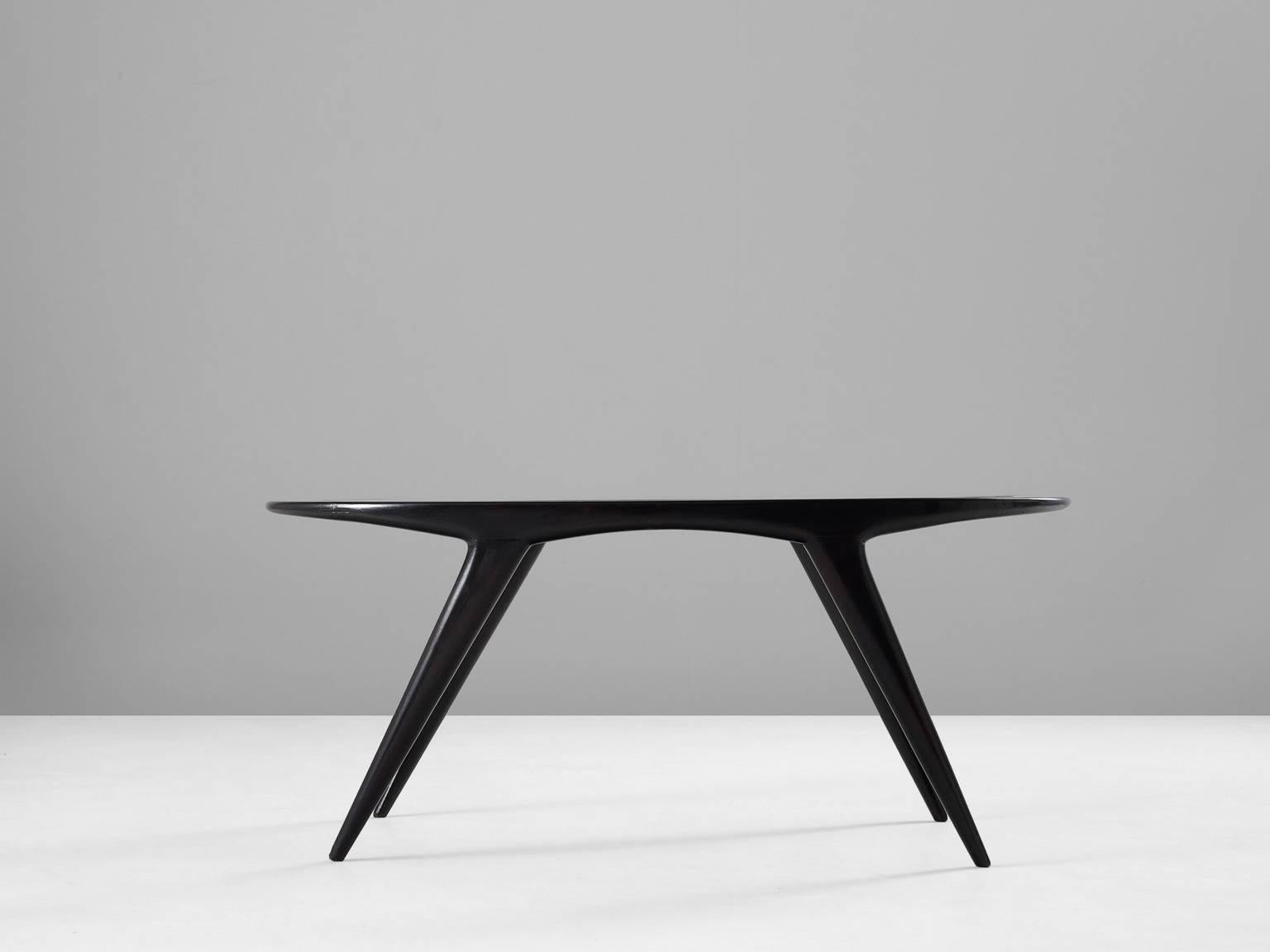 Mid-Century Modern Black Ebonized Cocktail Table with Oval Glass Top 