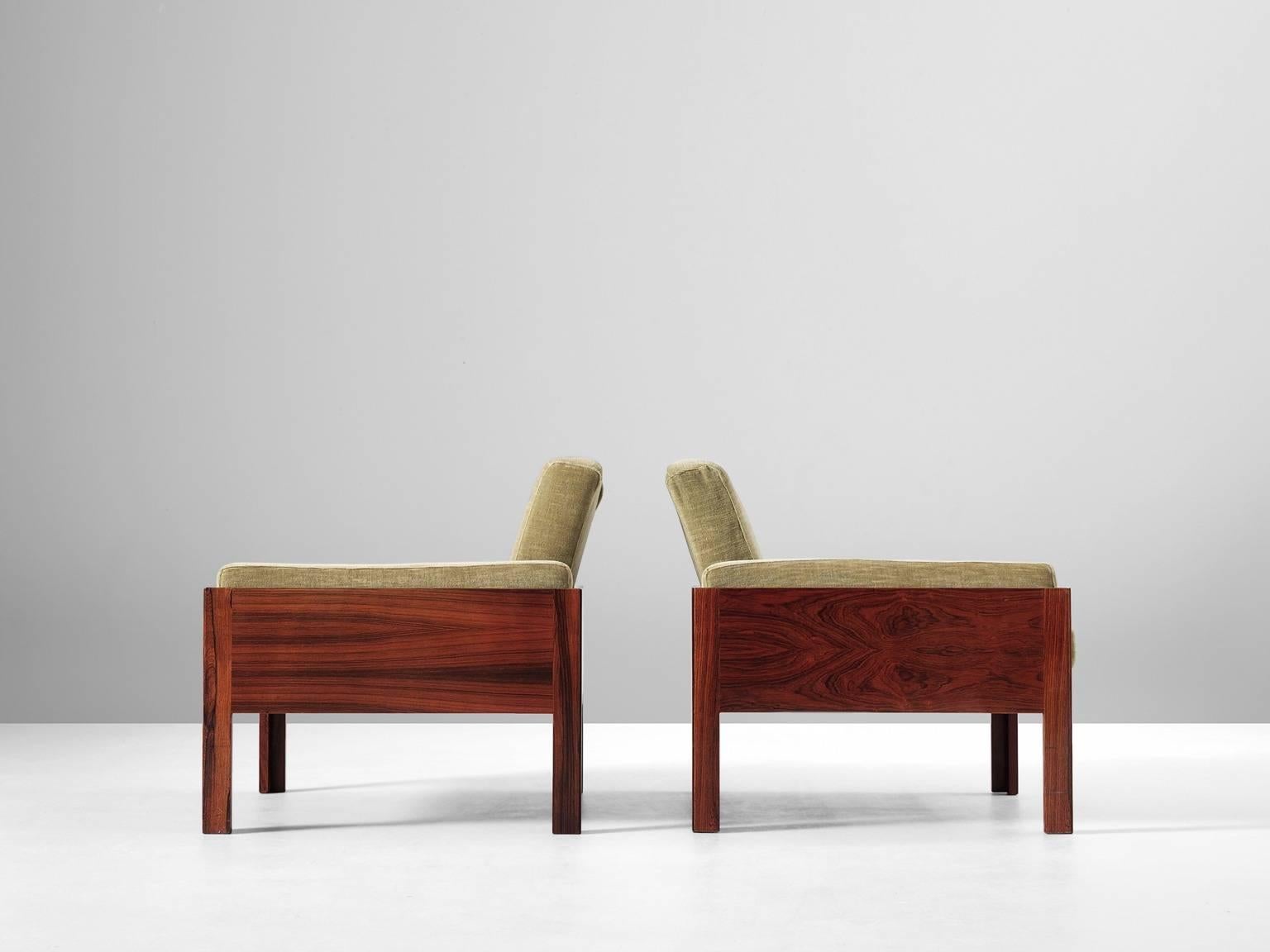 Scandinavian Pair of Lounge Chairs in Rosewood and Green Fabric