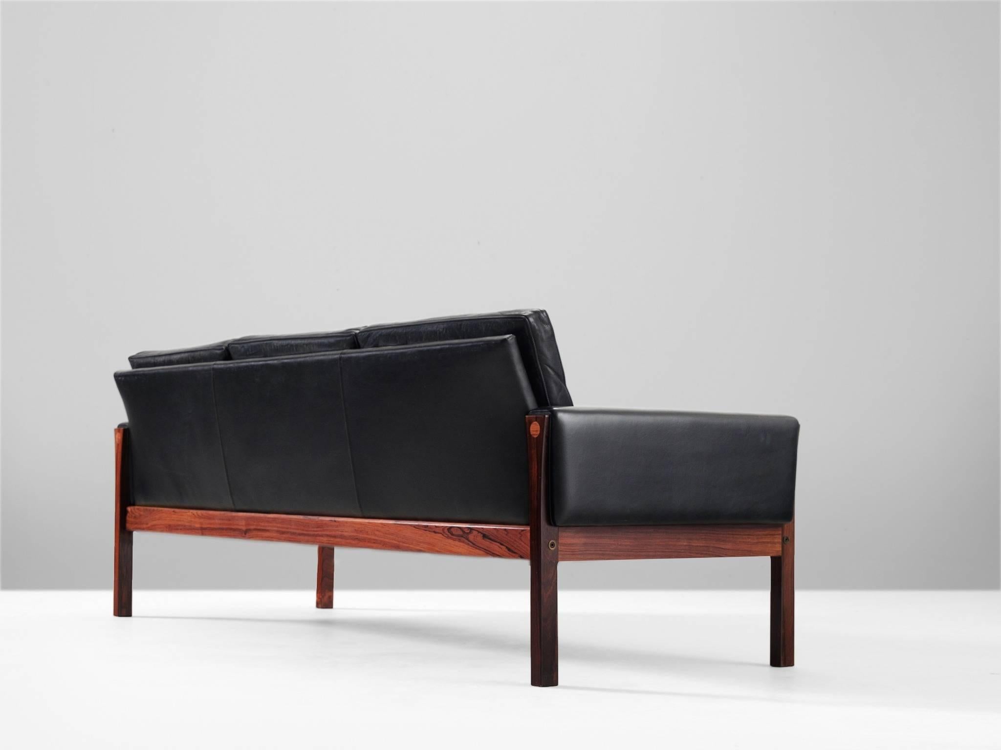 Scandinavian Modern Hans J. Wegner Sofa in Black Leather and Rosewood 