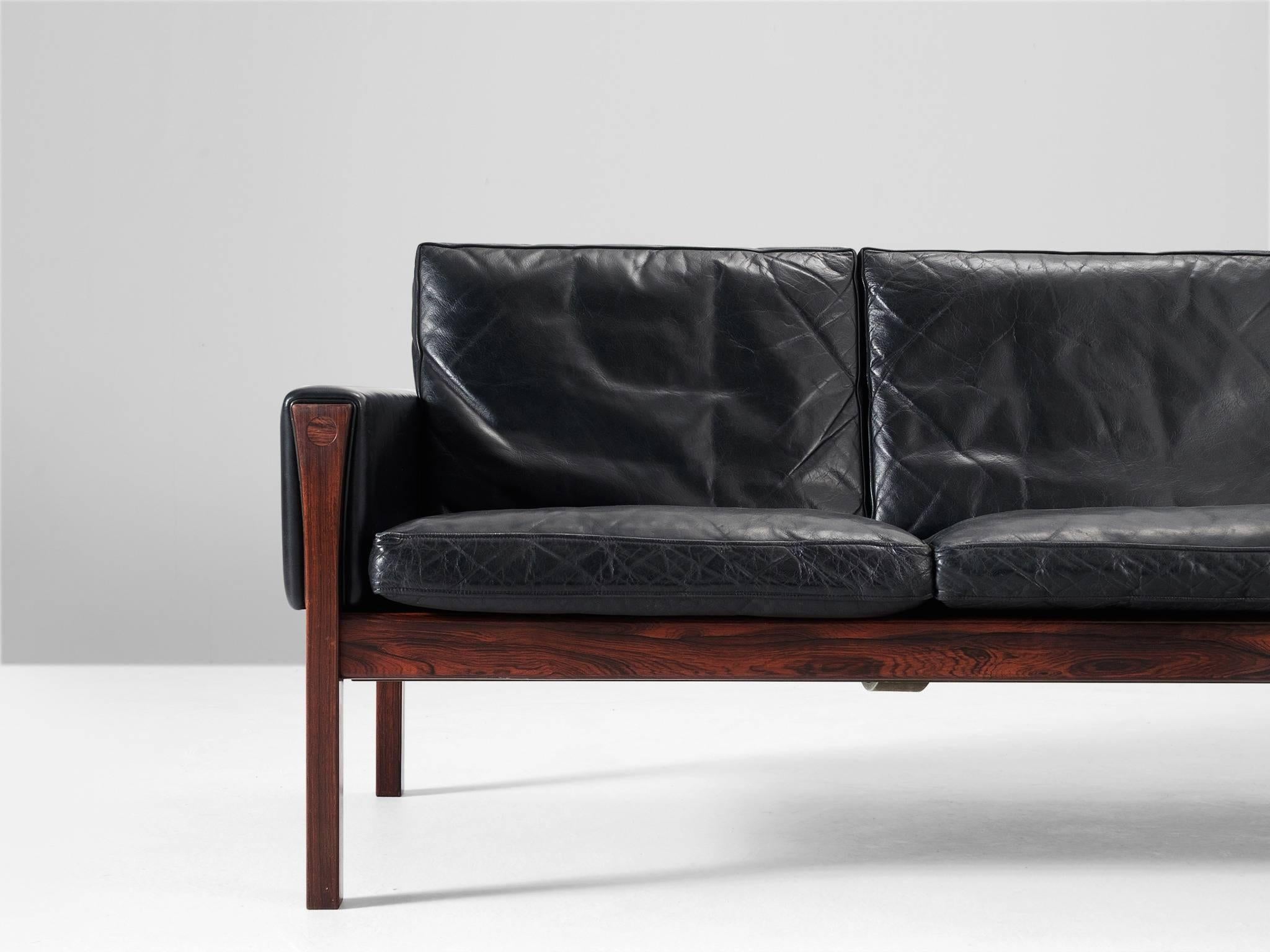 Danish Hans J. Wegner Sofa in Black Leather and Rosewood 
