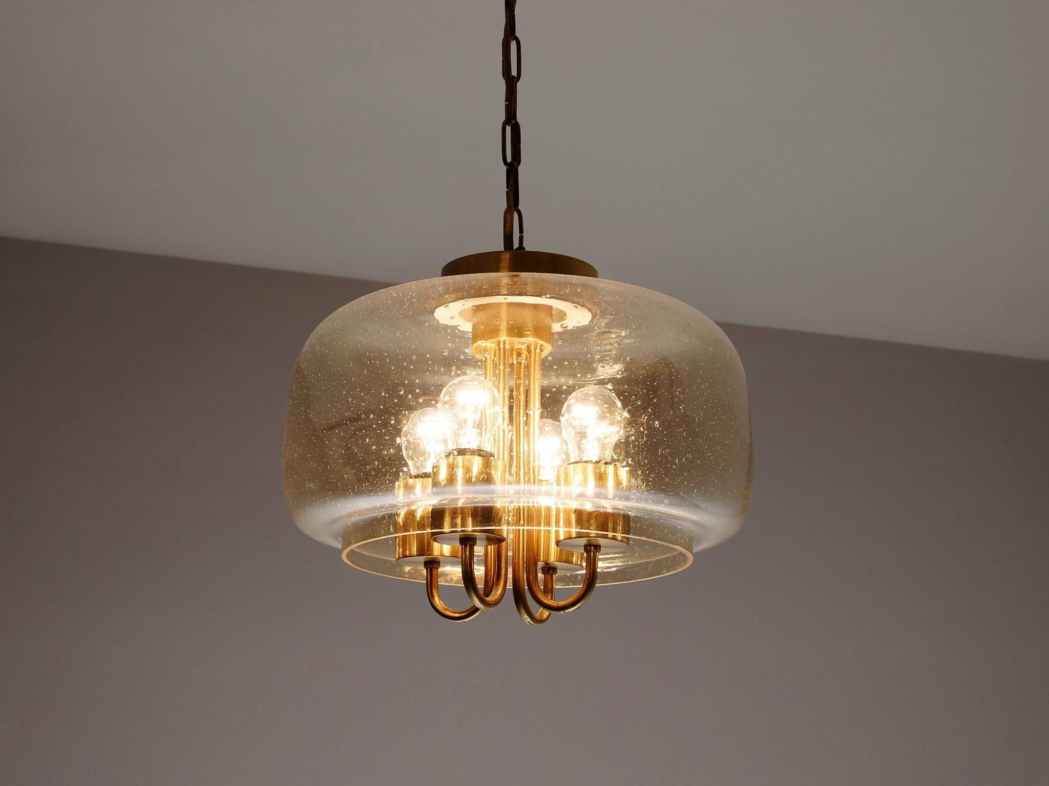 Mid-Century Modern Set of Six Brass and Tinted Glass Pendants