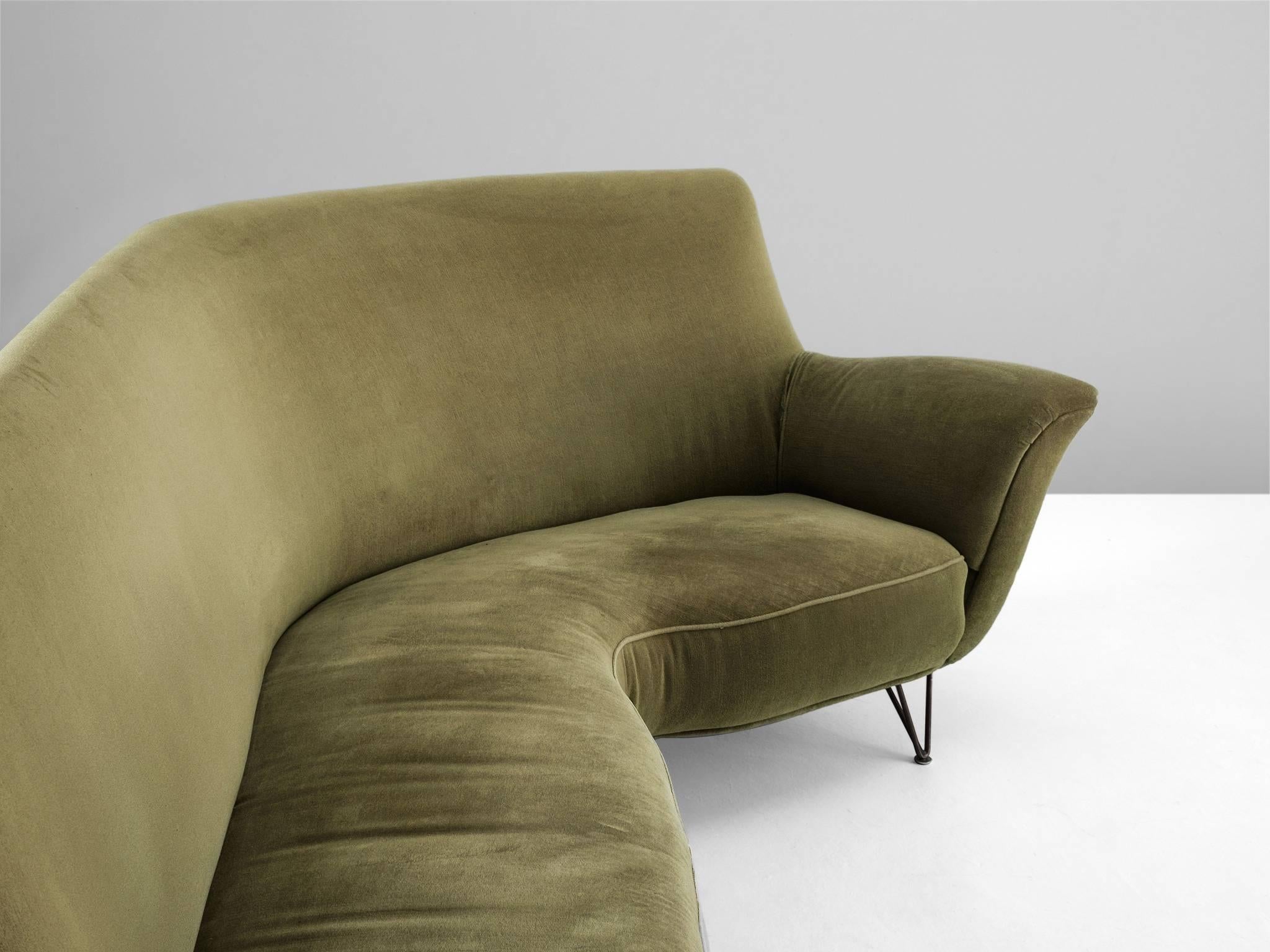 Italian Ico Parisi Large Curved Sofa in Green Velvet
